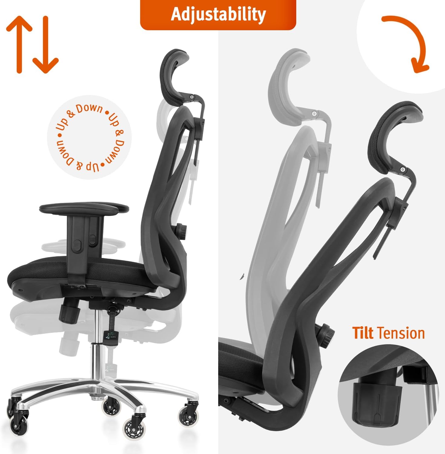 Duramont Ergonomic Office Chair with Rollerblade Wheels - High Back Breathable Mesh Desk Chair, 4D Lumbar Support, Memory Foam Seat, Adjustable Headrest and Armrests, Reclines, Black