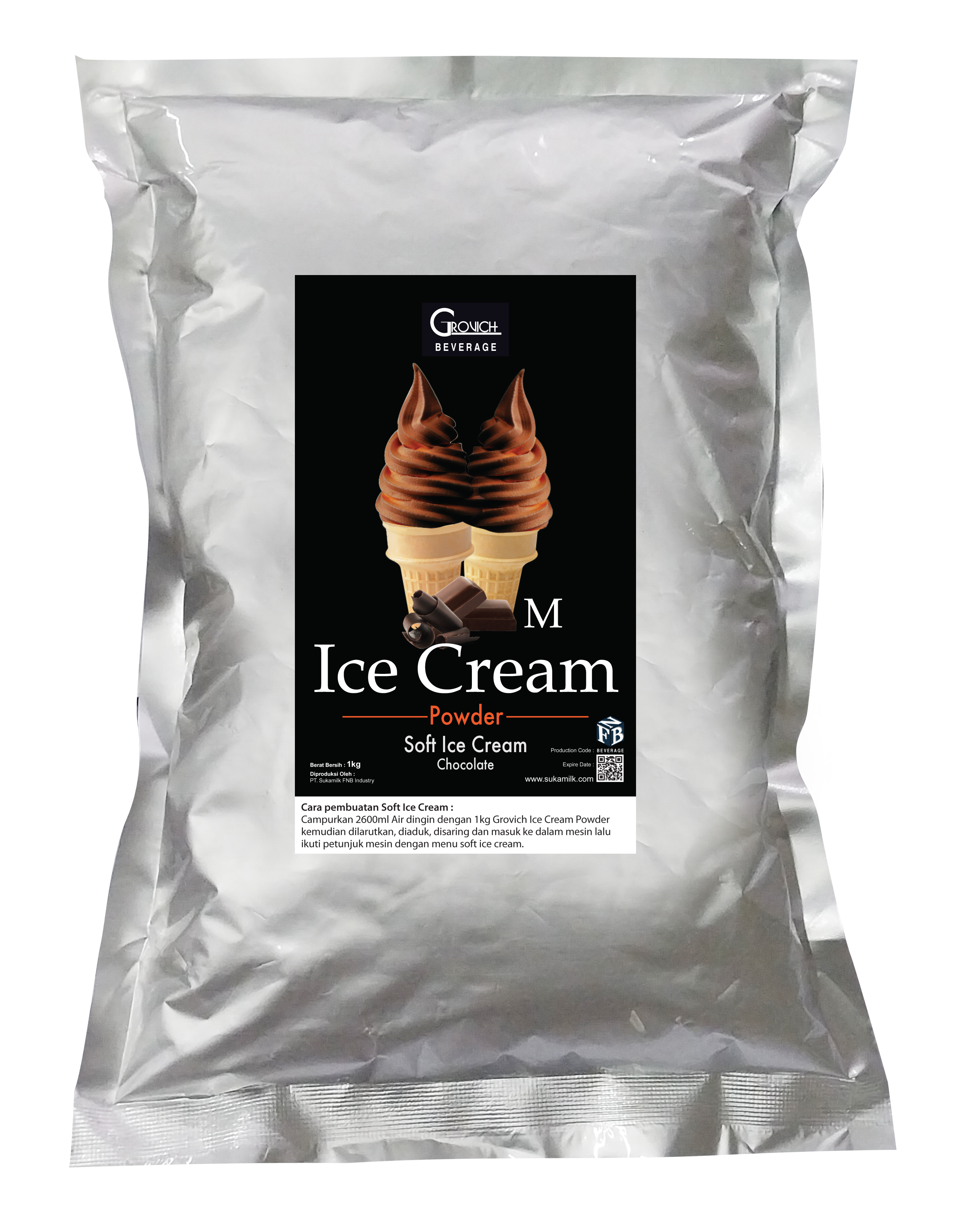 Bubuk Es Krim (Ice Cream Powder) Soft/Hard Ice Cream rasa Cokelat/Chocolate  - GROVICH Milky Ice Cream Powder Premix 1kg