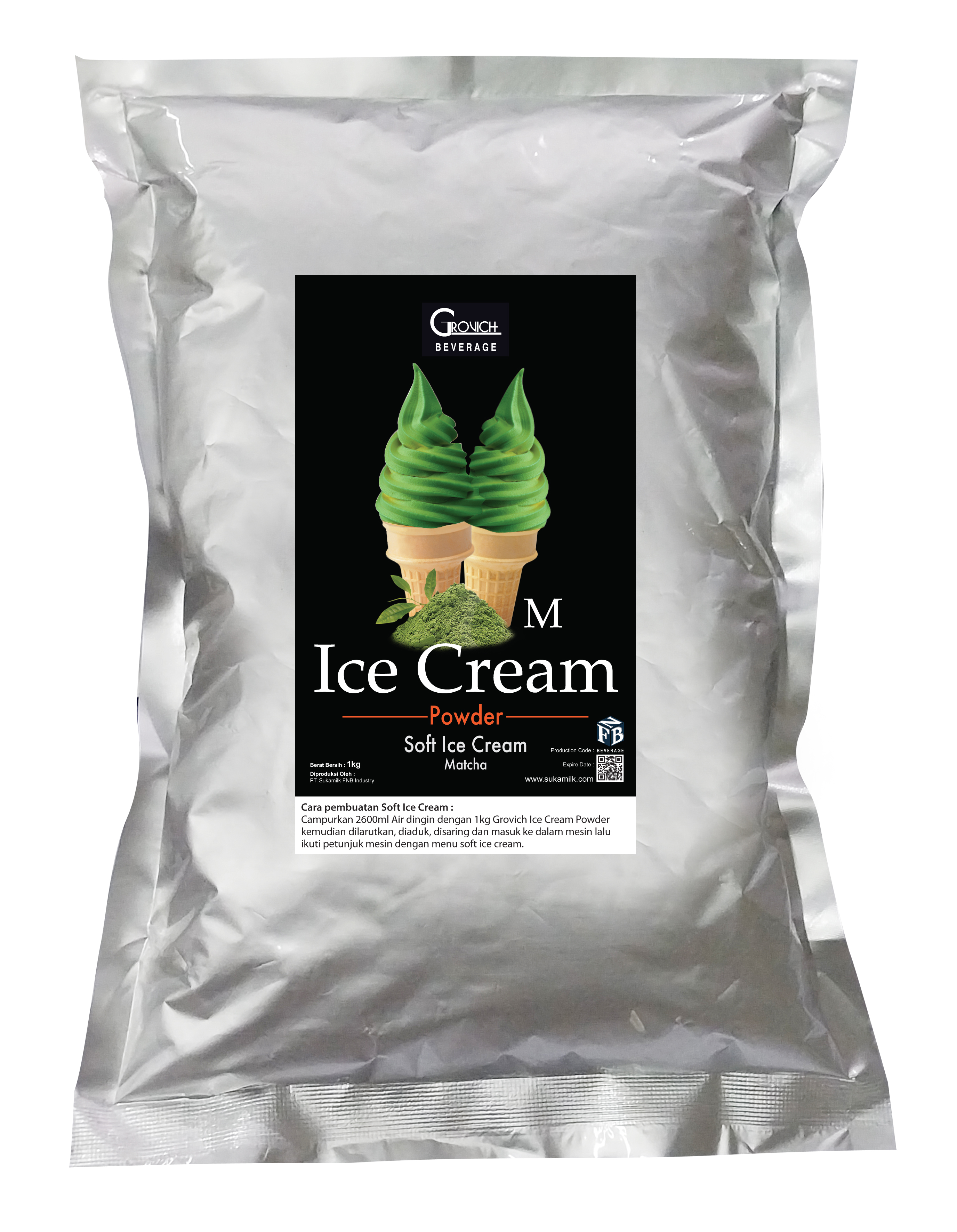 Bubuk Es Krim (Ice Cream Powder) Soft/Hard Ice Cream rasa Matcha  - GROVICH Milky Ice Cream Powder Premix 1kg
