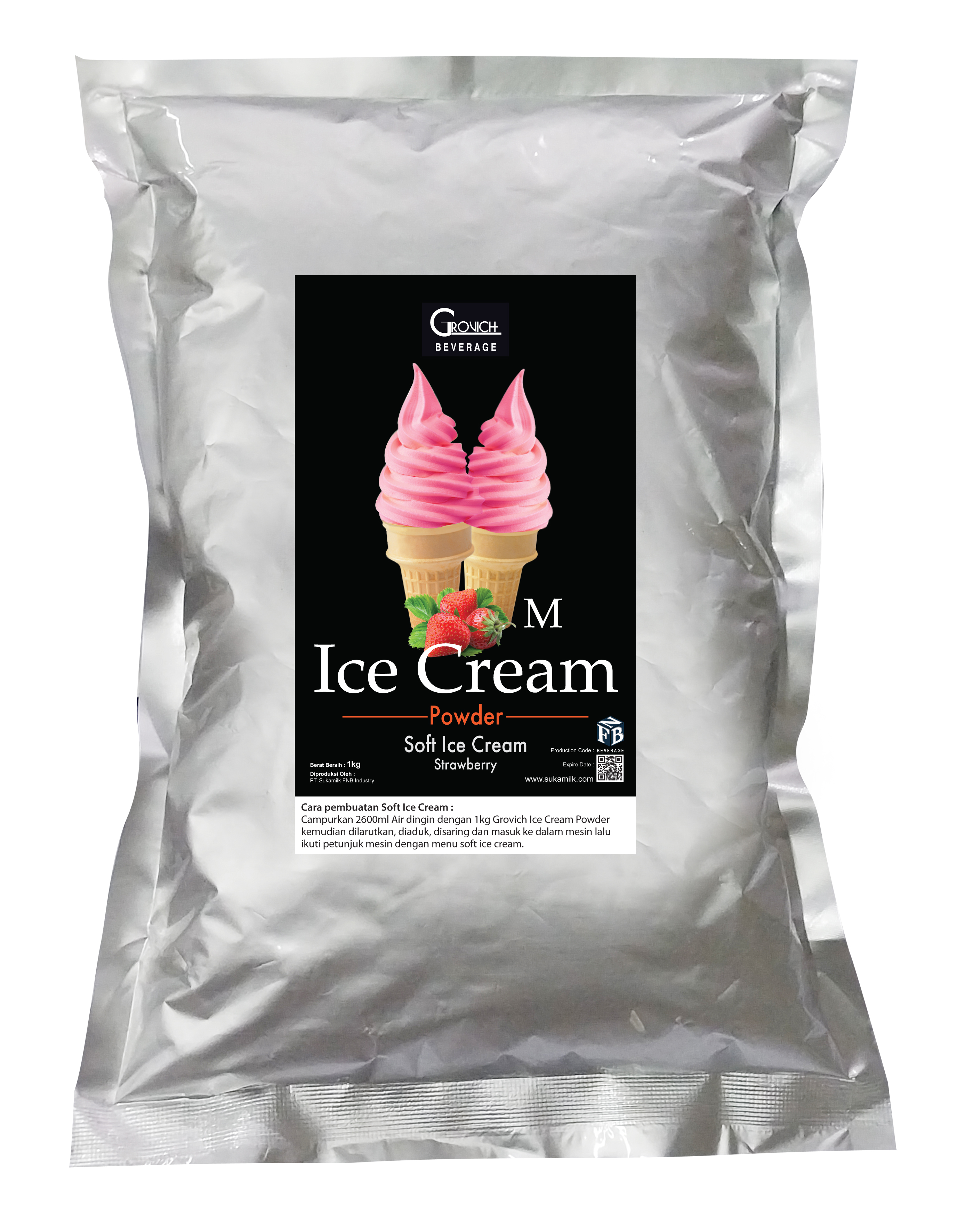 Bubuk Es Krim (Ice Cream Powder) Soft/Hard Ice Cream rasa Strawberry - GROVICH Milky Ice Cream Powder Premix 1kg