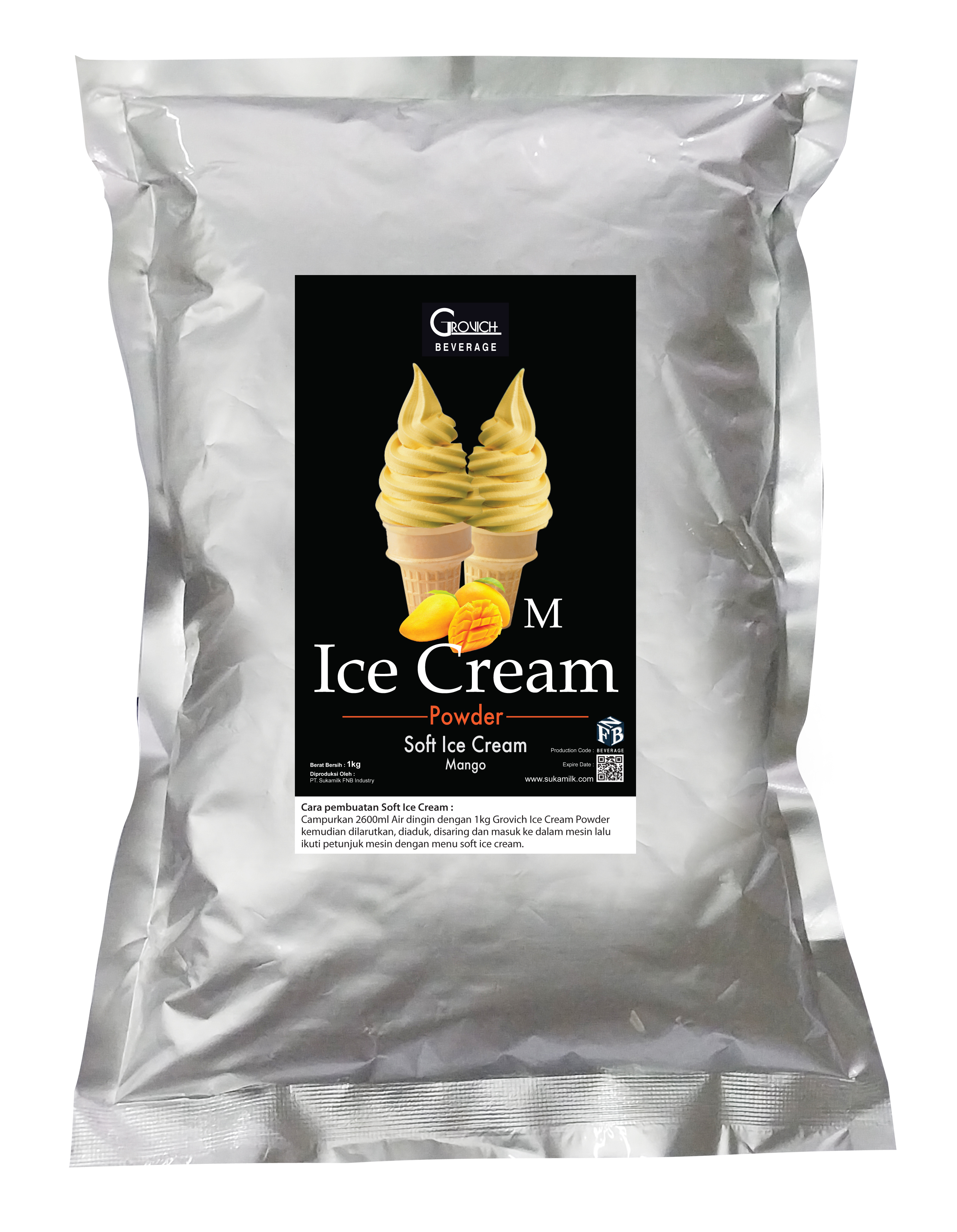Bubuk Es Krim (Ice Cream Powder) Soft/Hard Ice Cream rasa Mangga/Mango  - GROVICH Milky Ice Cream Powder Premix 1kg