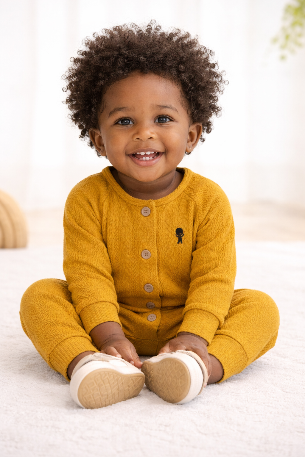Textured Cotton Baby Jumpsuit – Mustard
