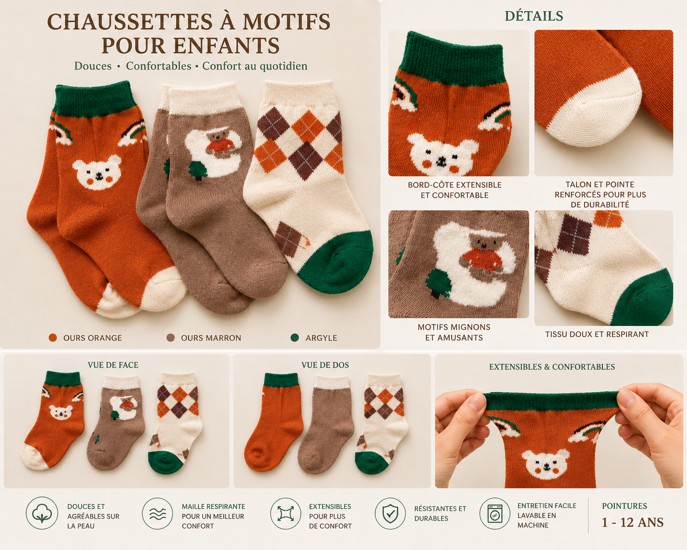 Lot de 5 chaussettes à motifs pour enfant