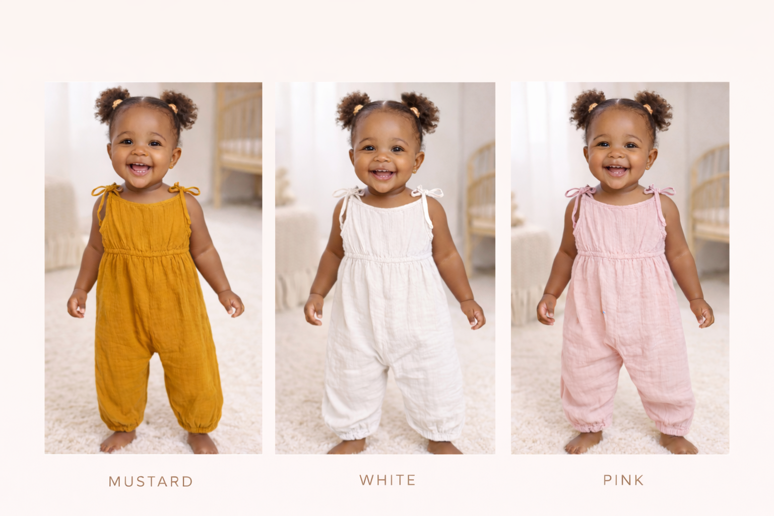 Baby Cotton Jumpsuit – Mustard | White | Pink