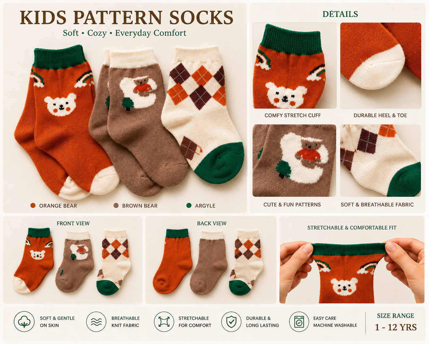 Lot de 5 chaussettes à motifs pour enfant