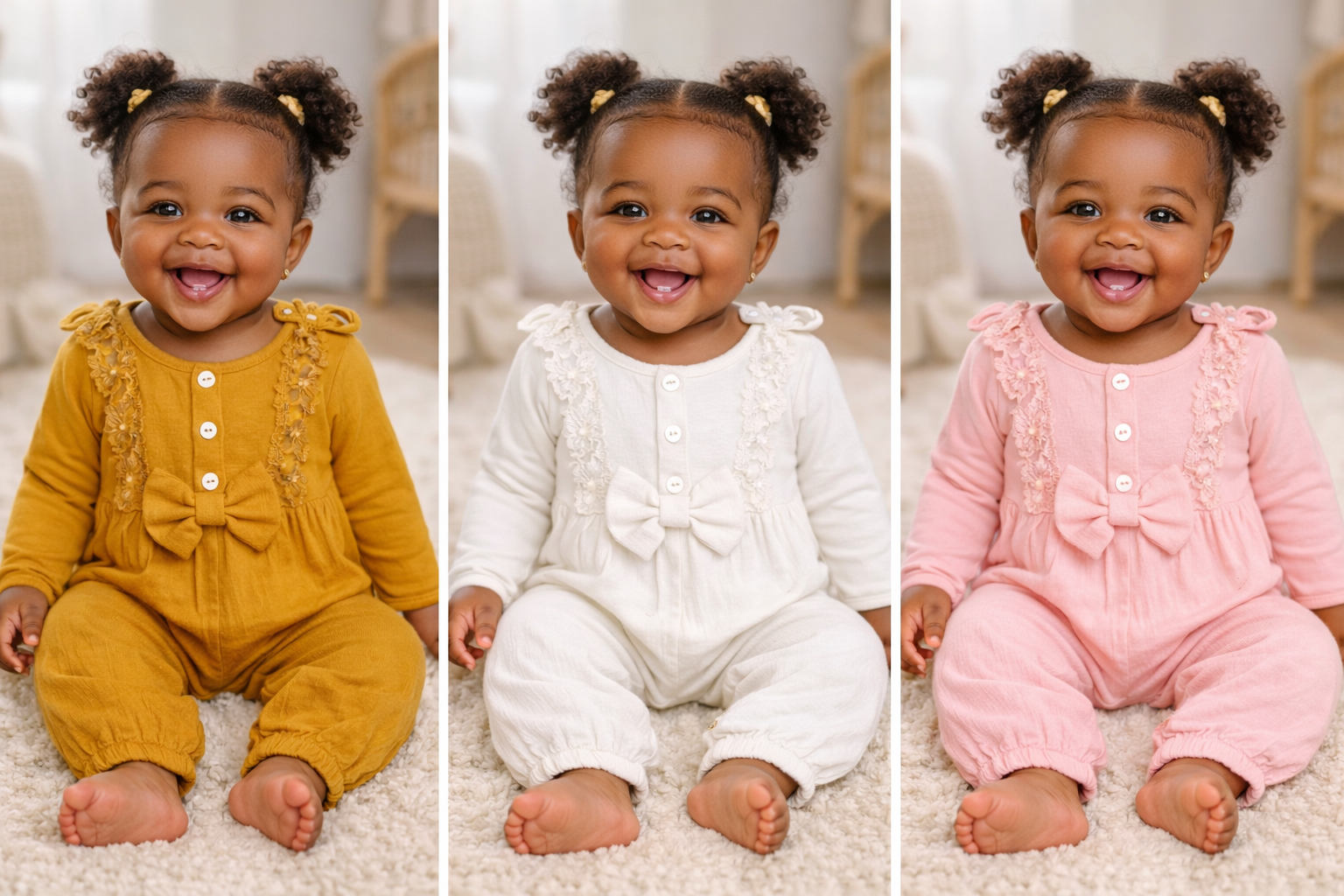 Baby Girl Lace Bow Romper– Mustard | White | Pink