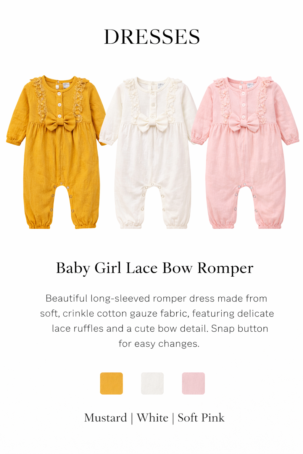Baby Girl Lace Bow Romper– Mustard | White | Pink