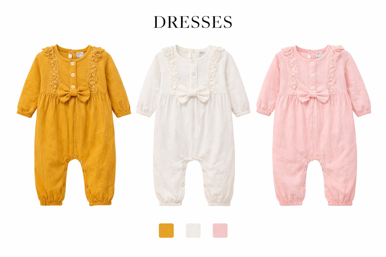 Baby Girl Lace Bow Romper– Mustard | White | Pink