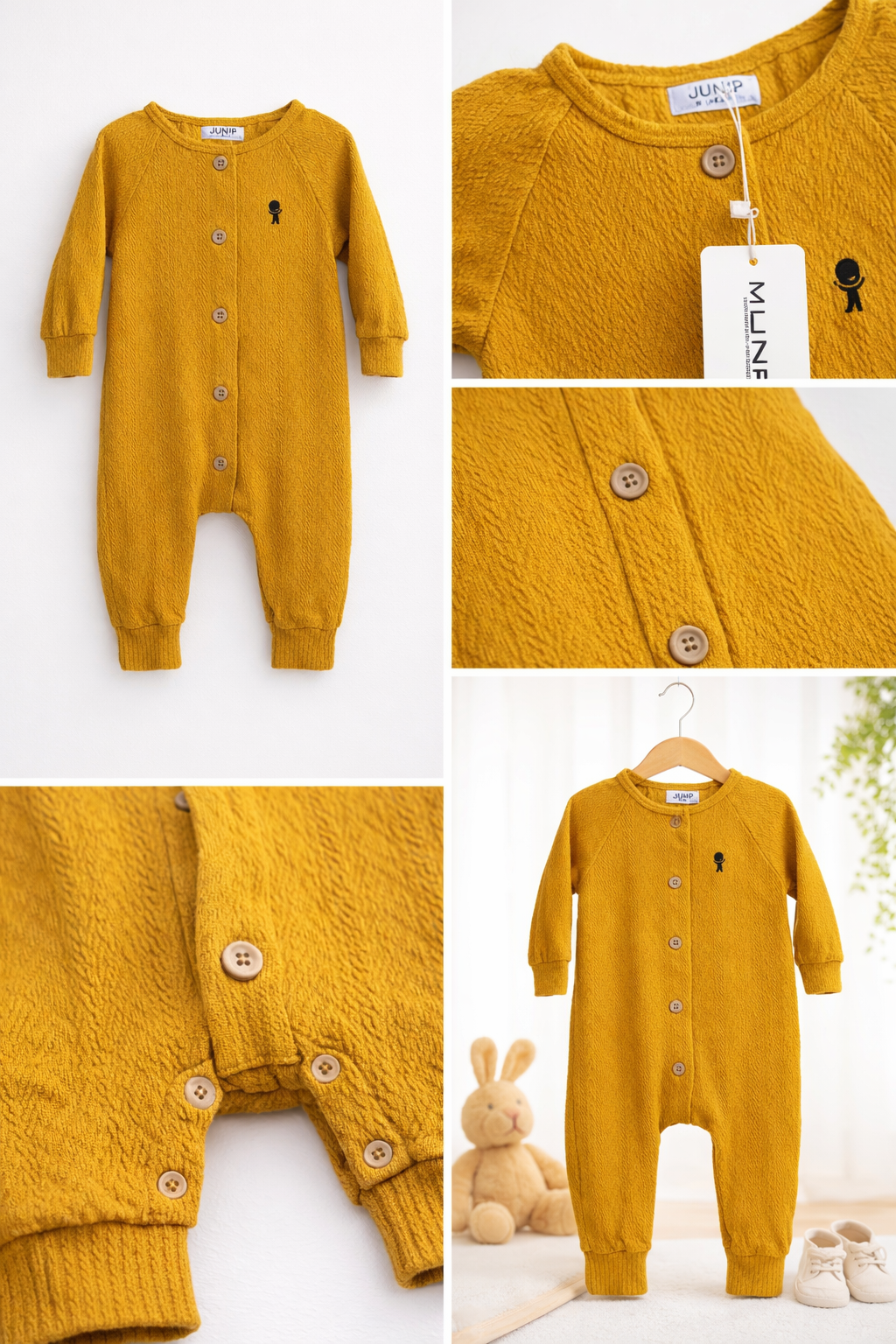 Textured Cotton Baby Jumpsuit – Mustard