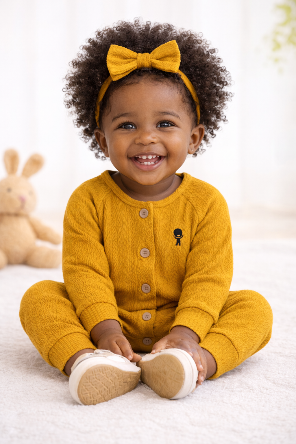 Textured Cotton Baby Jumpsuit – Mustard