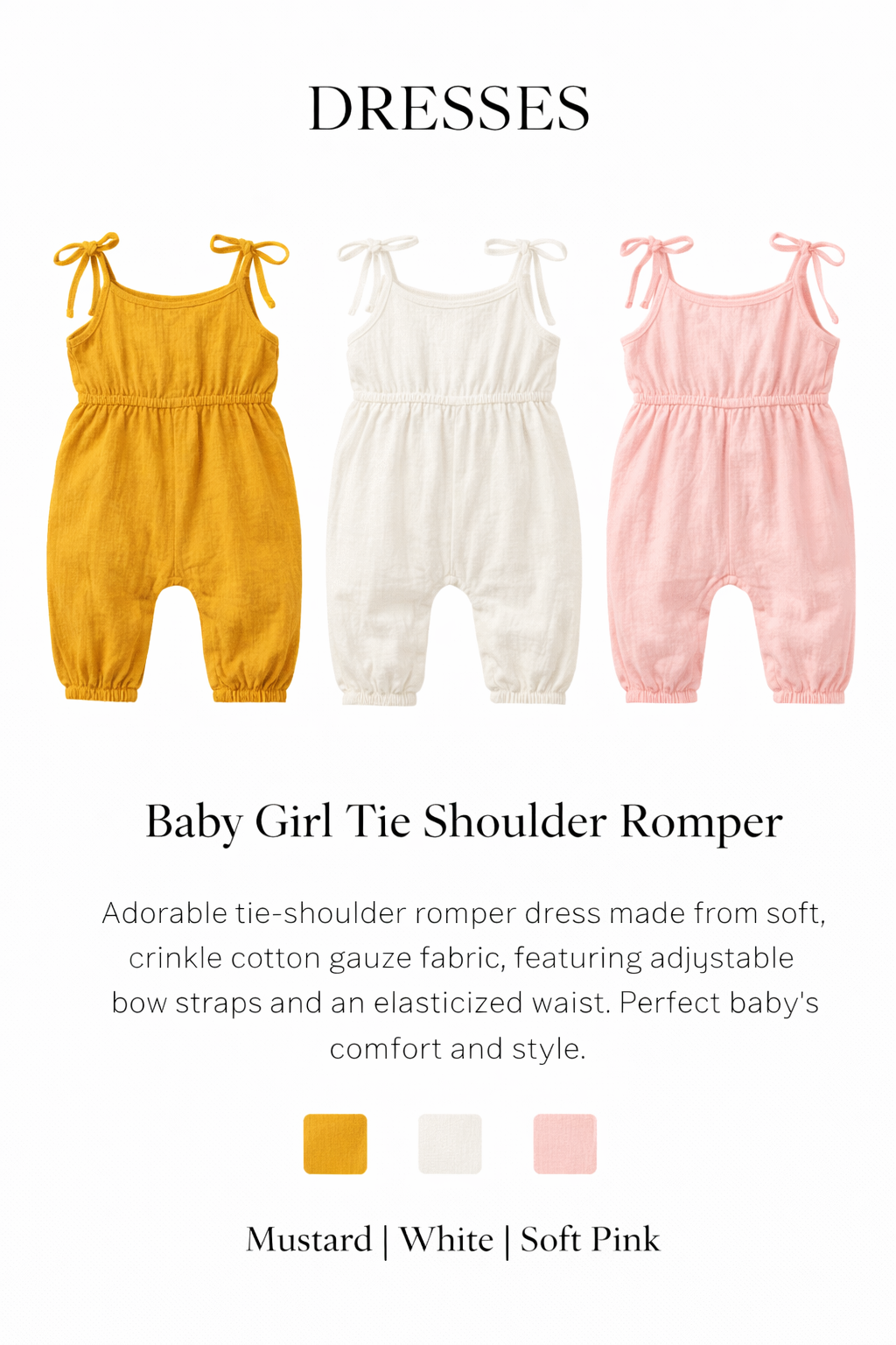 Baby Cotton Jumpsuit – Mustard | White | Pink
