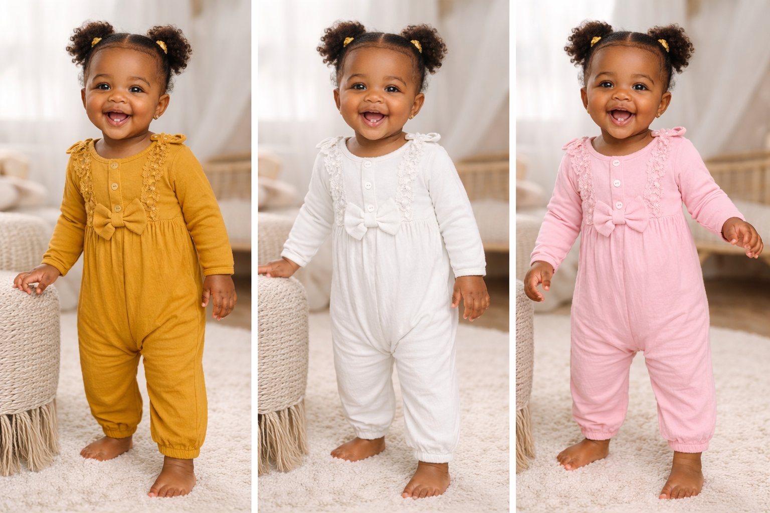 Baby Girl Lace Bow Romper– Mustard | White | Pink