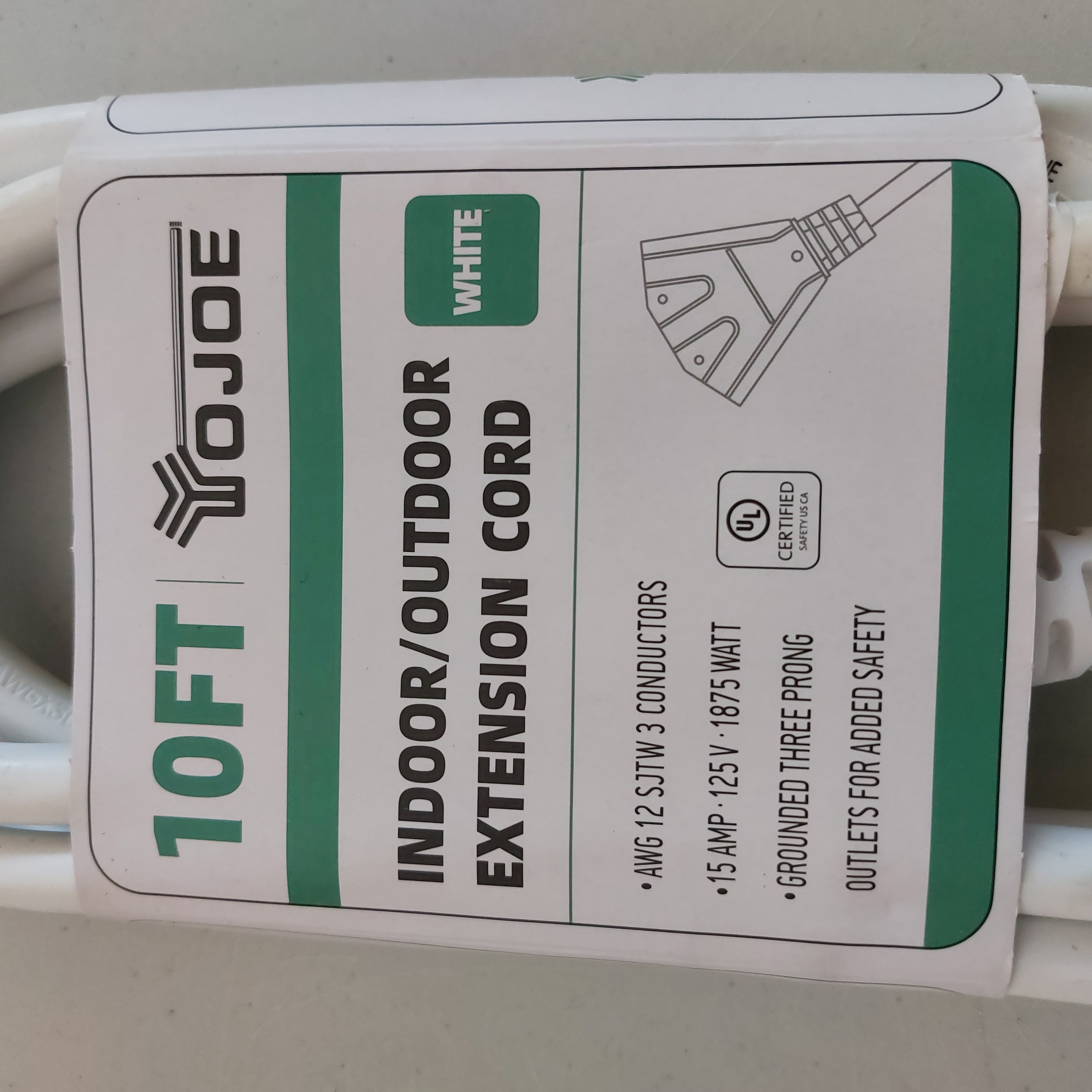 YOJOE 10FT 12AWG Indoor/Outdoor Extension Cord White