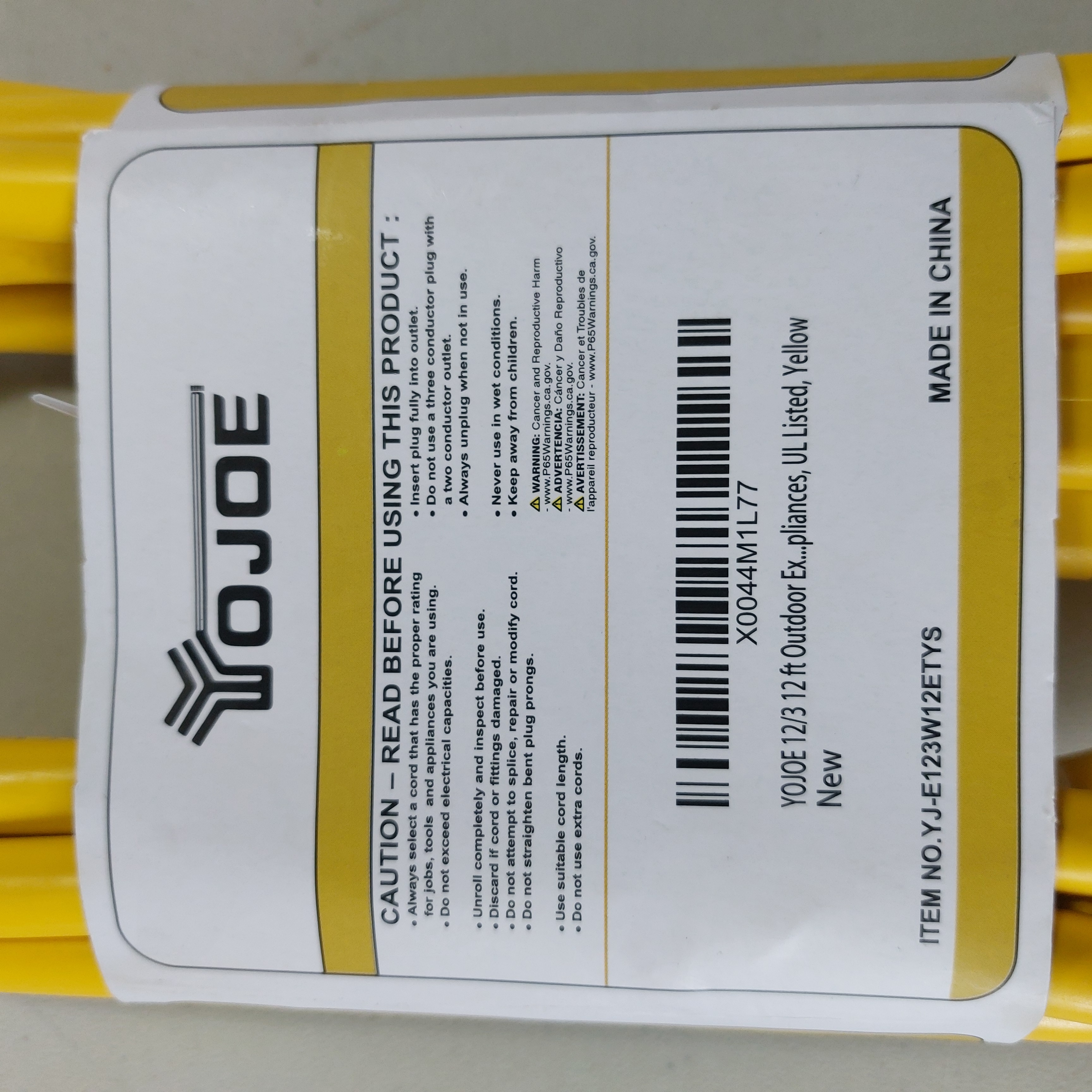 12FT Indoor/Outdoor Extension Cord, Yellow