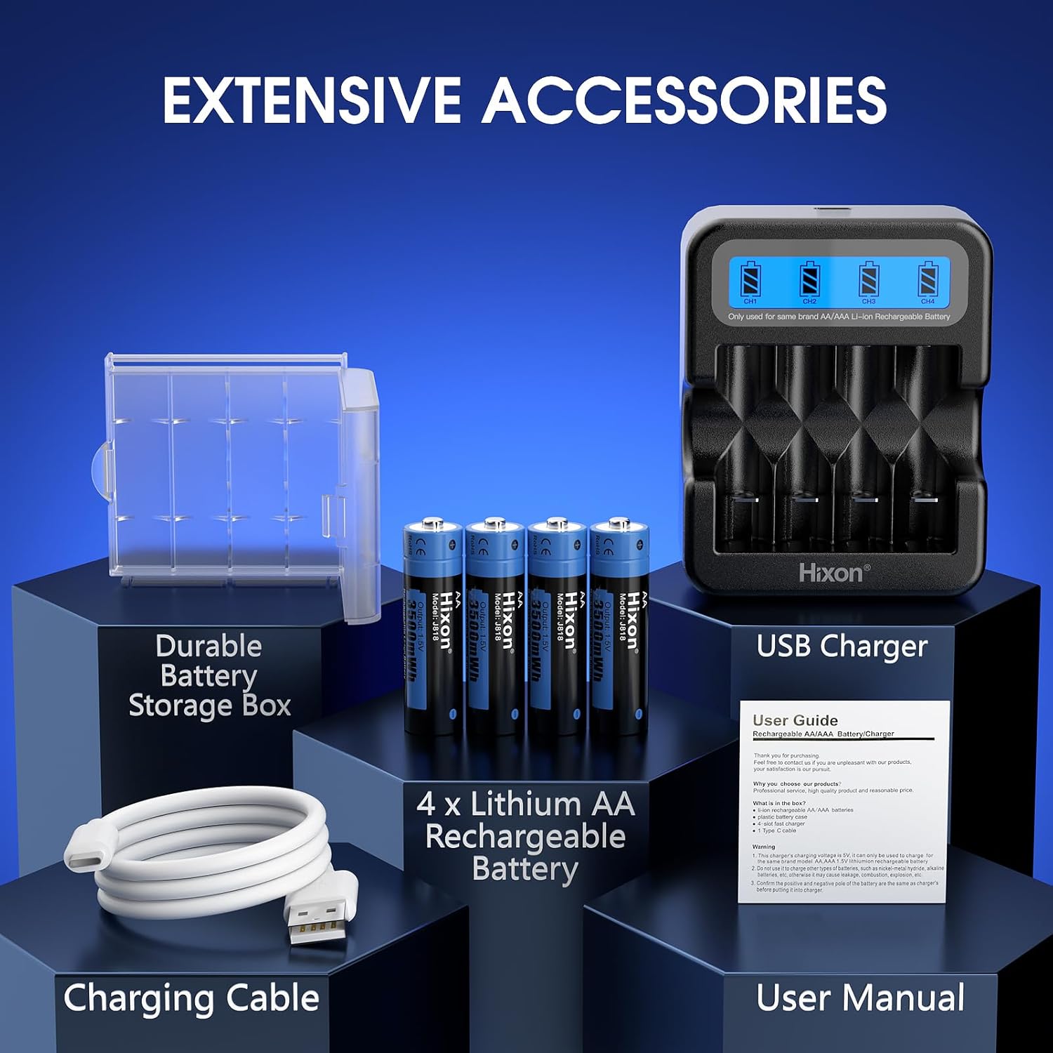 Hixon Rechargeable Lithium-ion Battery Charger with 4pack Batteries