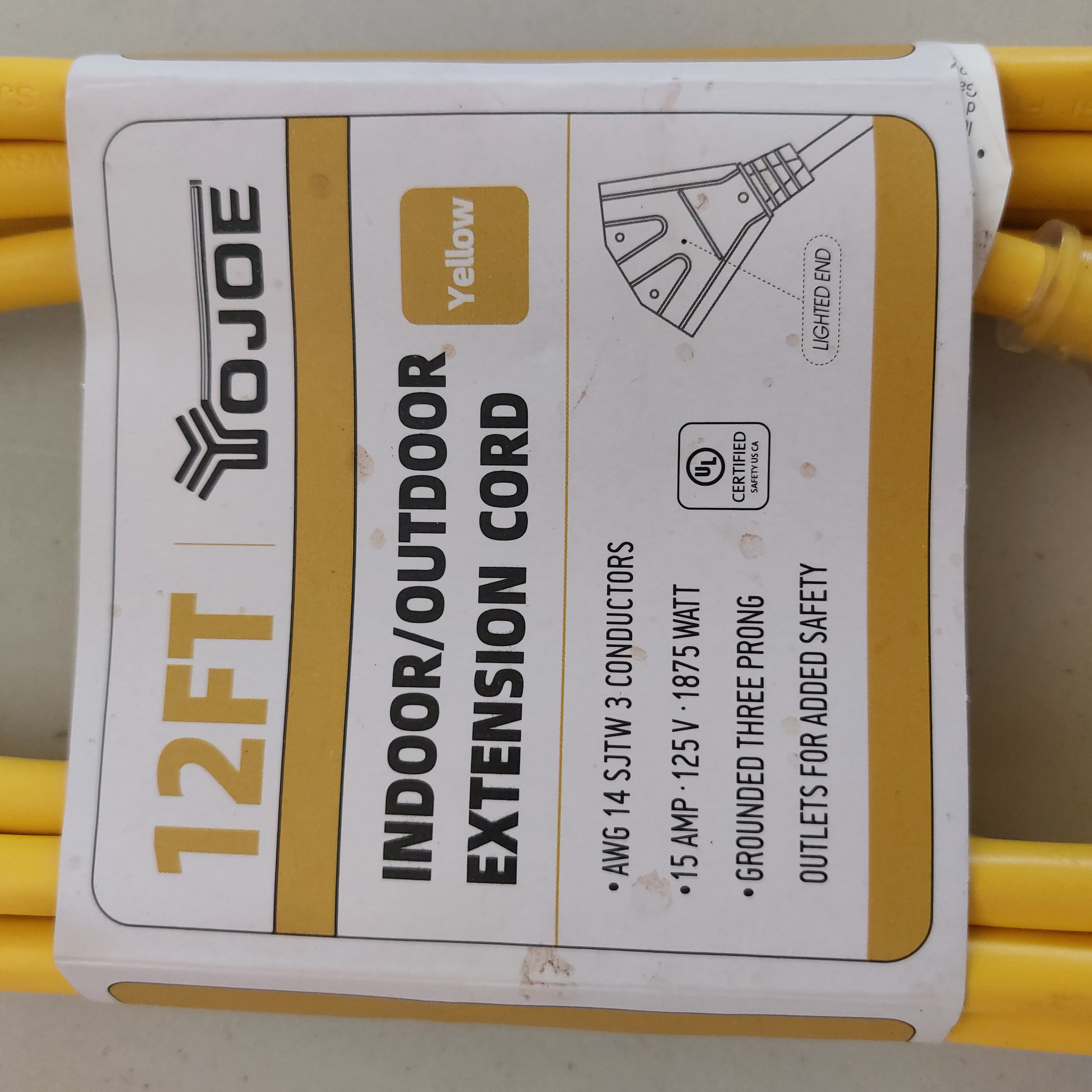 YOJOE 12FT 14AWG Indoor/Outdoor Extension Cord Yellow