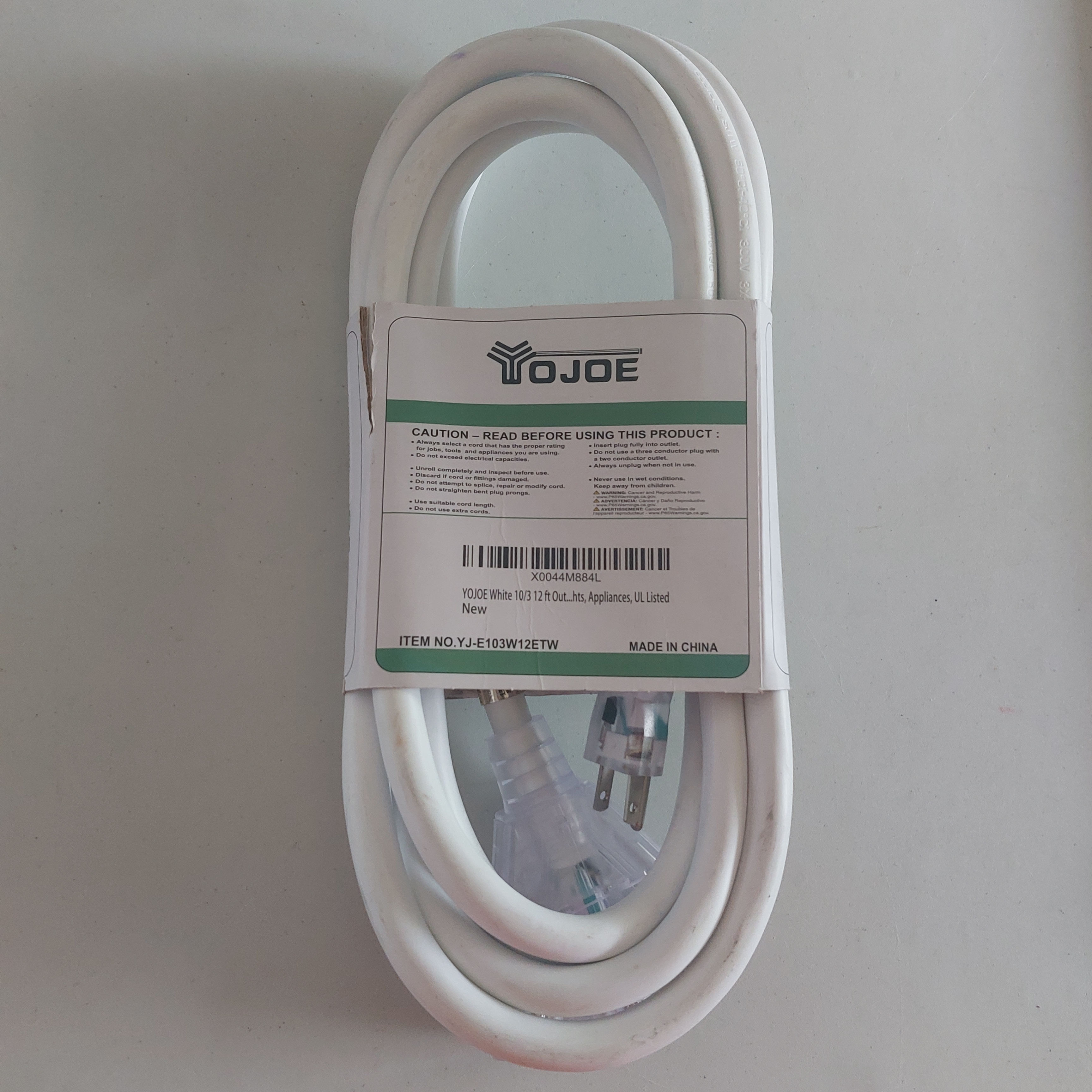 YOJOE 12FT 10AWG Indoor/Outdoor Extension Cord White