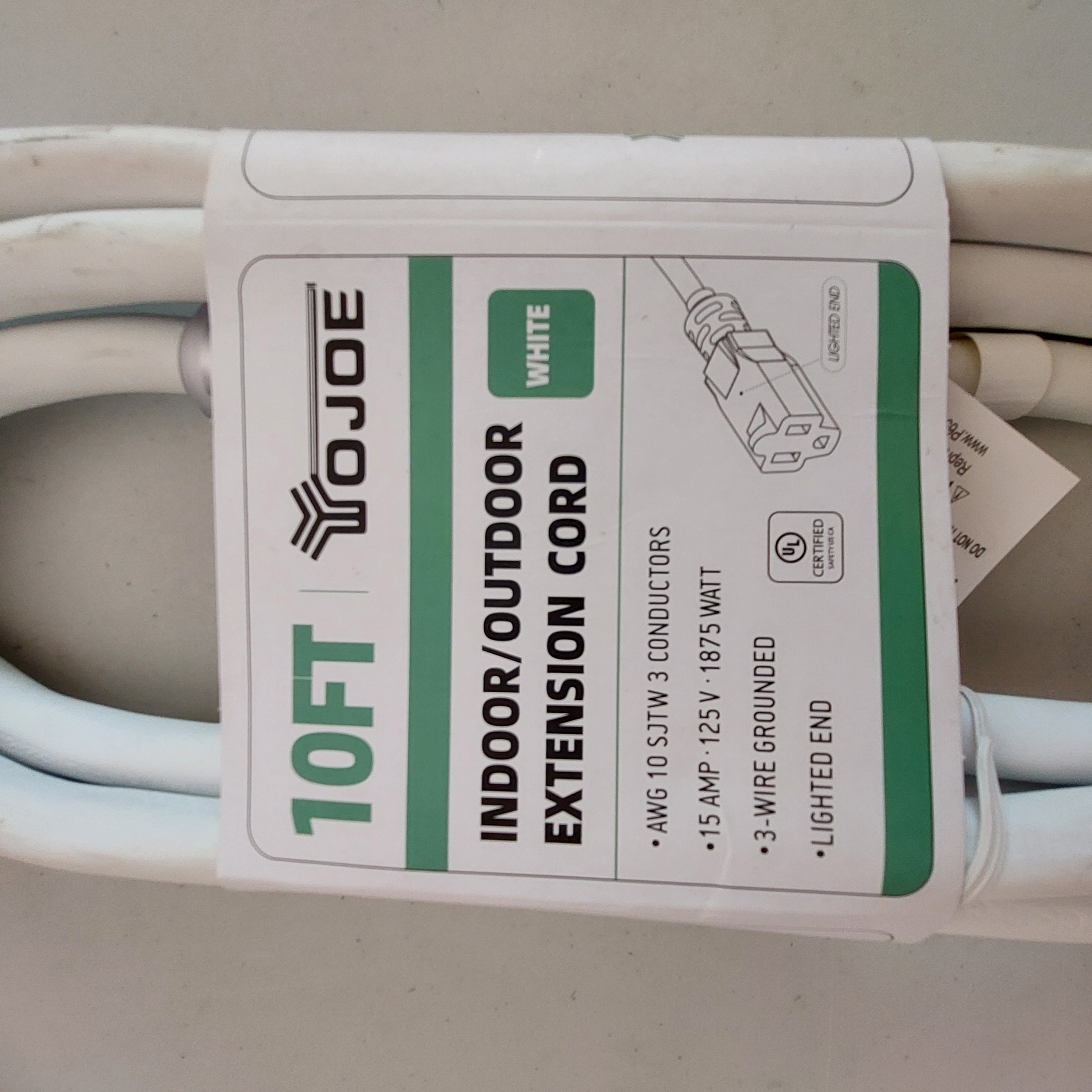 YOJOE 10FT 10AWG Indoor/Outdoor Extension Cord White YJ-103W10EFW