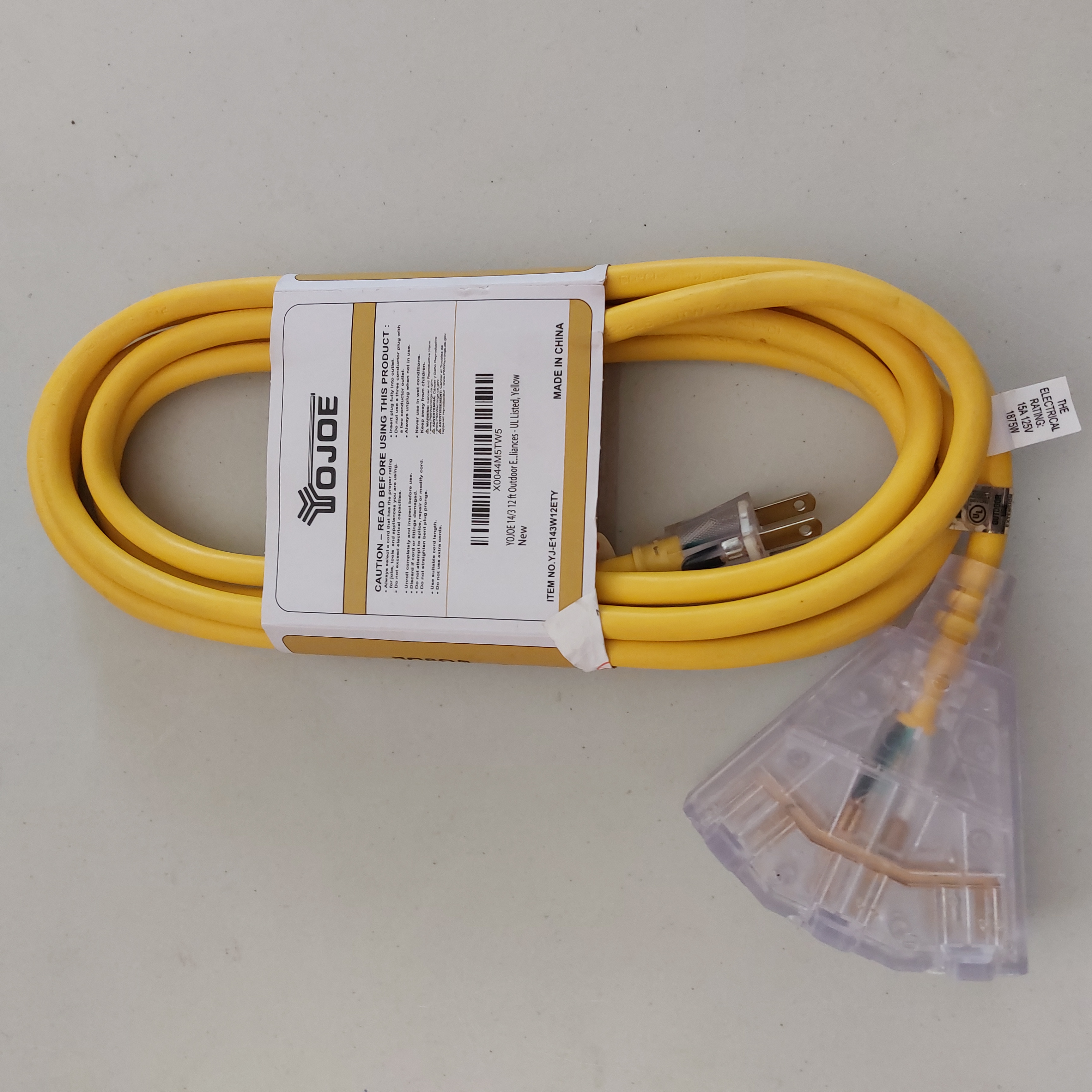 YOJOE 12FT 14AWG Indoor/Outdoor Extension Cord Yellow