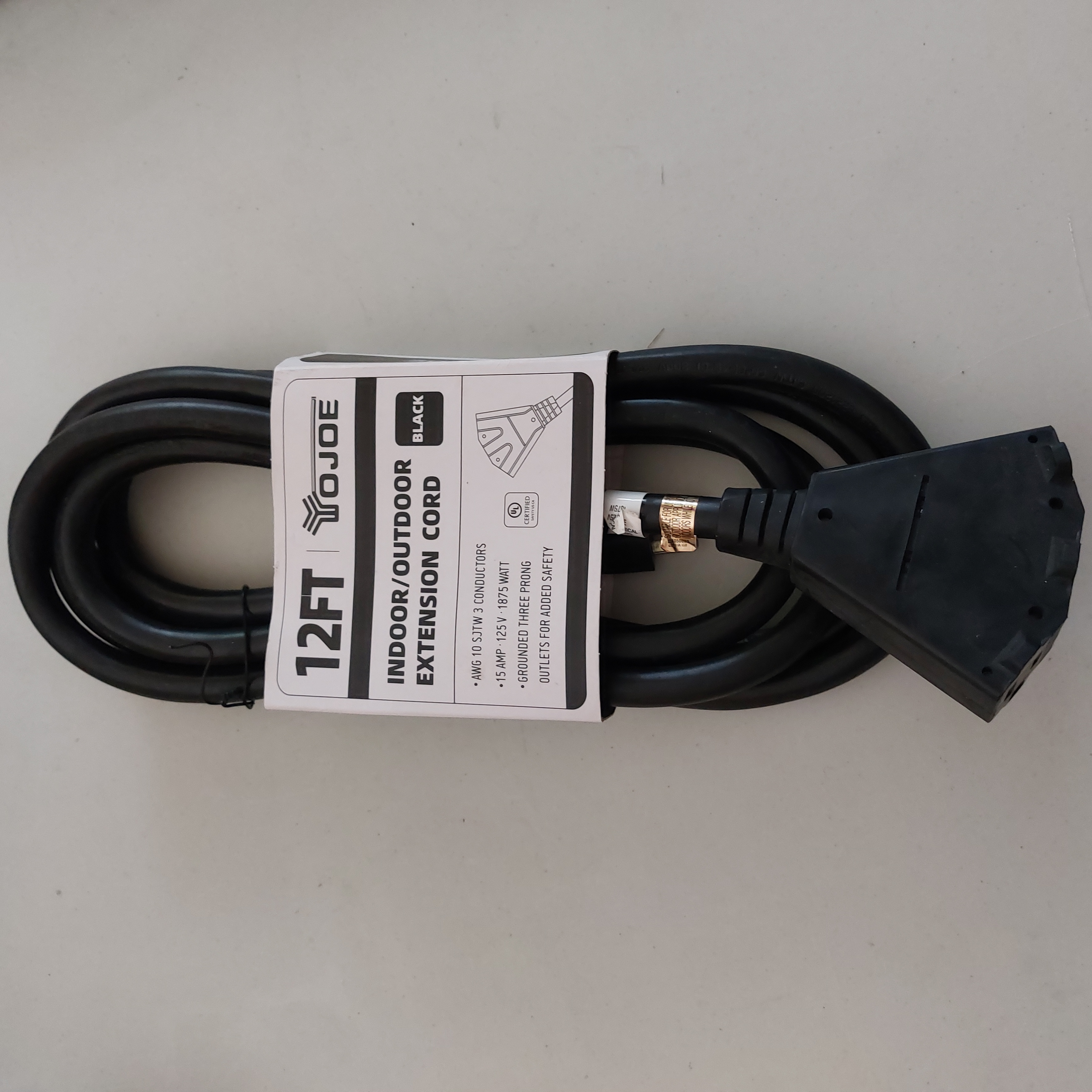 YOJOE 12FT 10AWG Indoor/Outdoor Extension Cord Black YJ-E103W12ETBS