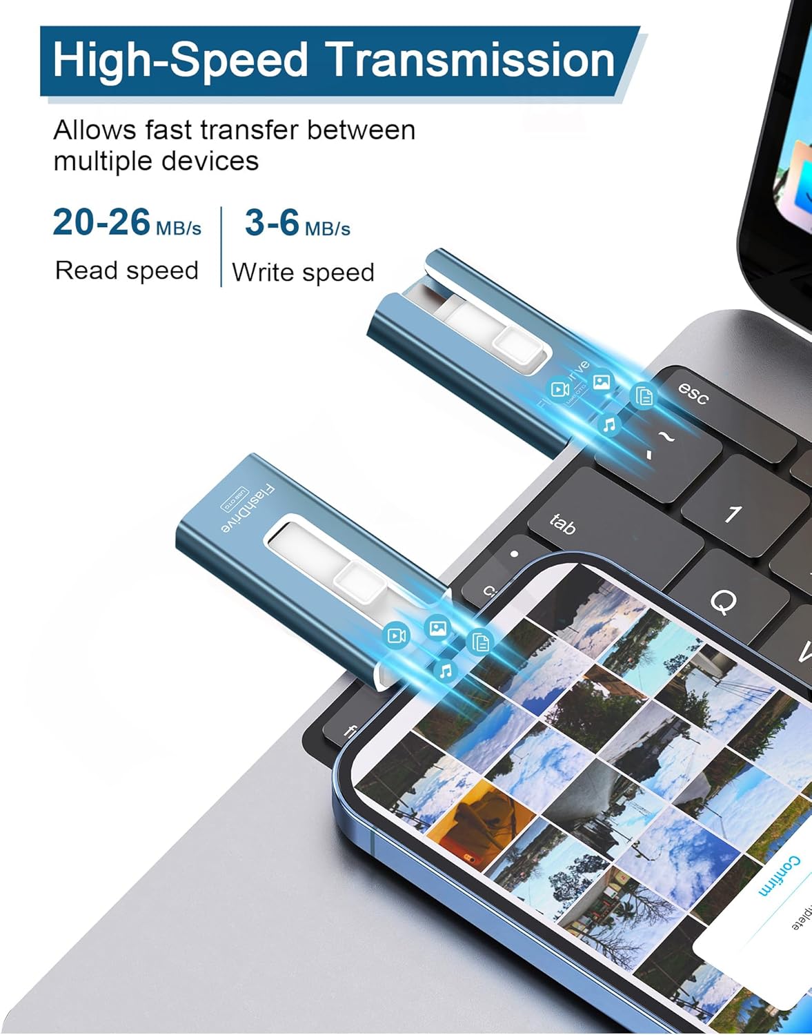 USB Flash Drive for Phone and Pad, Photo Stick High Speed External USB Thumb Drives, 256GB, Blue