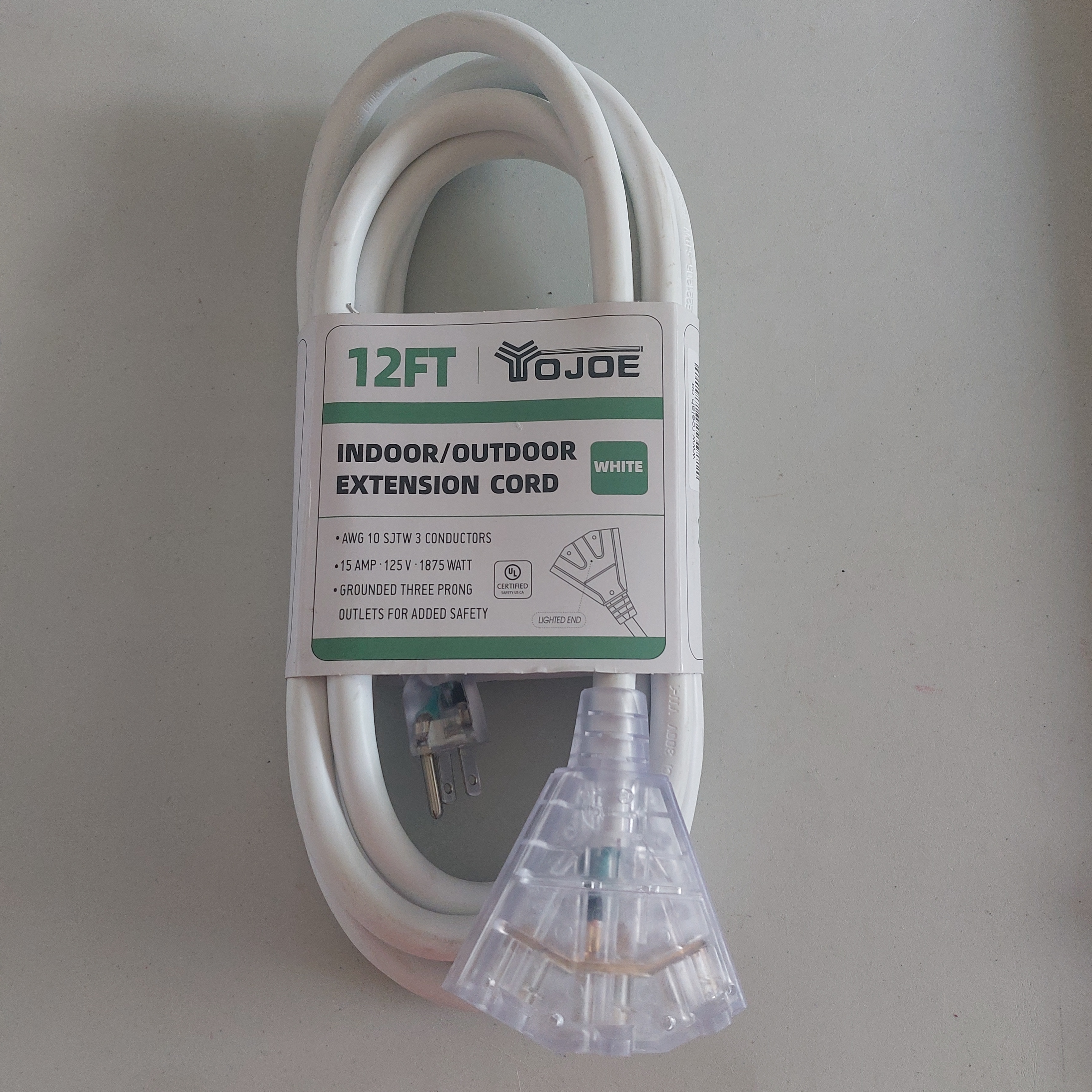 YOJOE 12FT 10AWG Indoor/Outdoor Extension Cord White