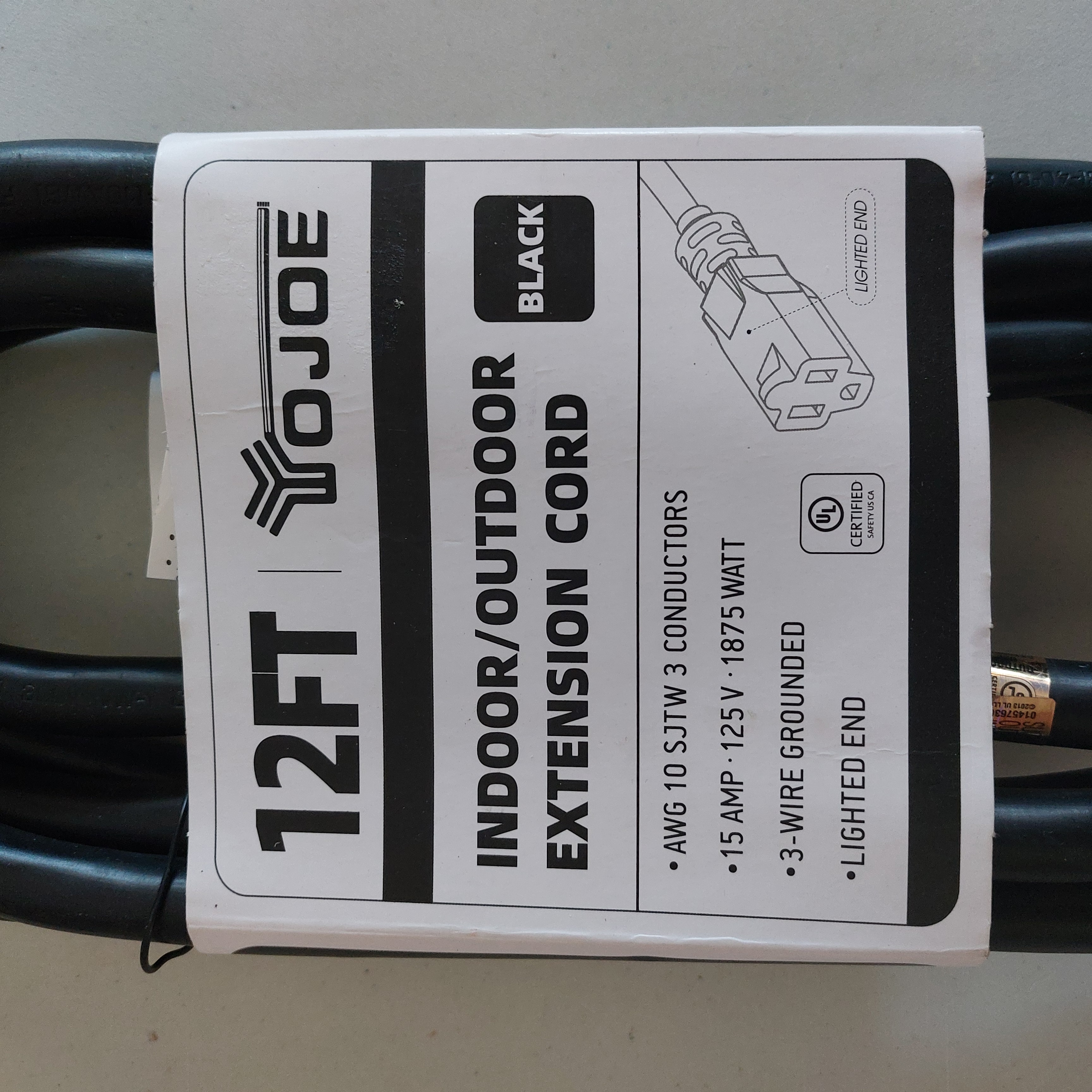 YOJOE 12FT 10AWG Indoor/Outdoor Extension Cord Black YJ-E103W12EFB