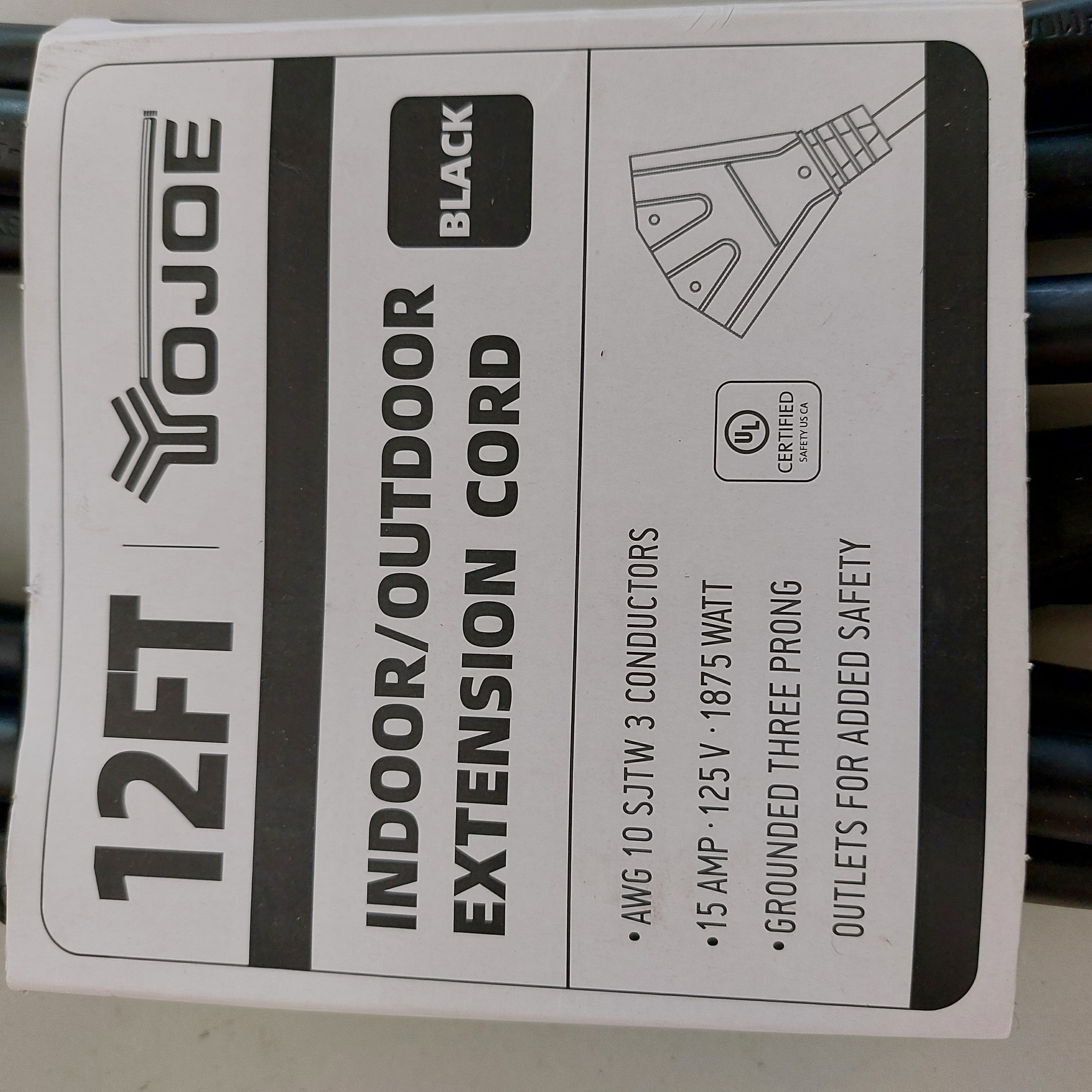 YOJOE 12FT 10AWG Indoor/Outdoor Extension Cord Black YJ-E103W12ETBS