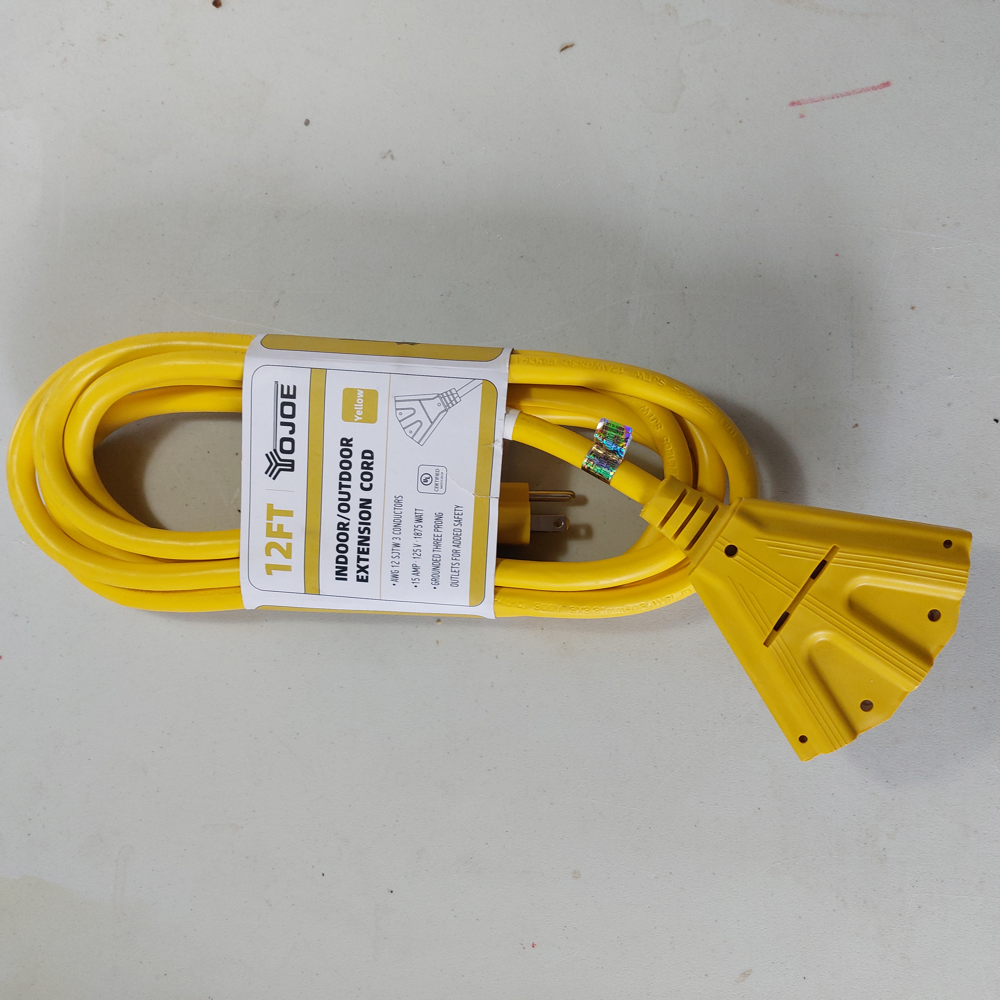 12FT Indoor/Outdoor Extension Cord, Yellow