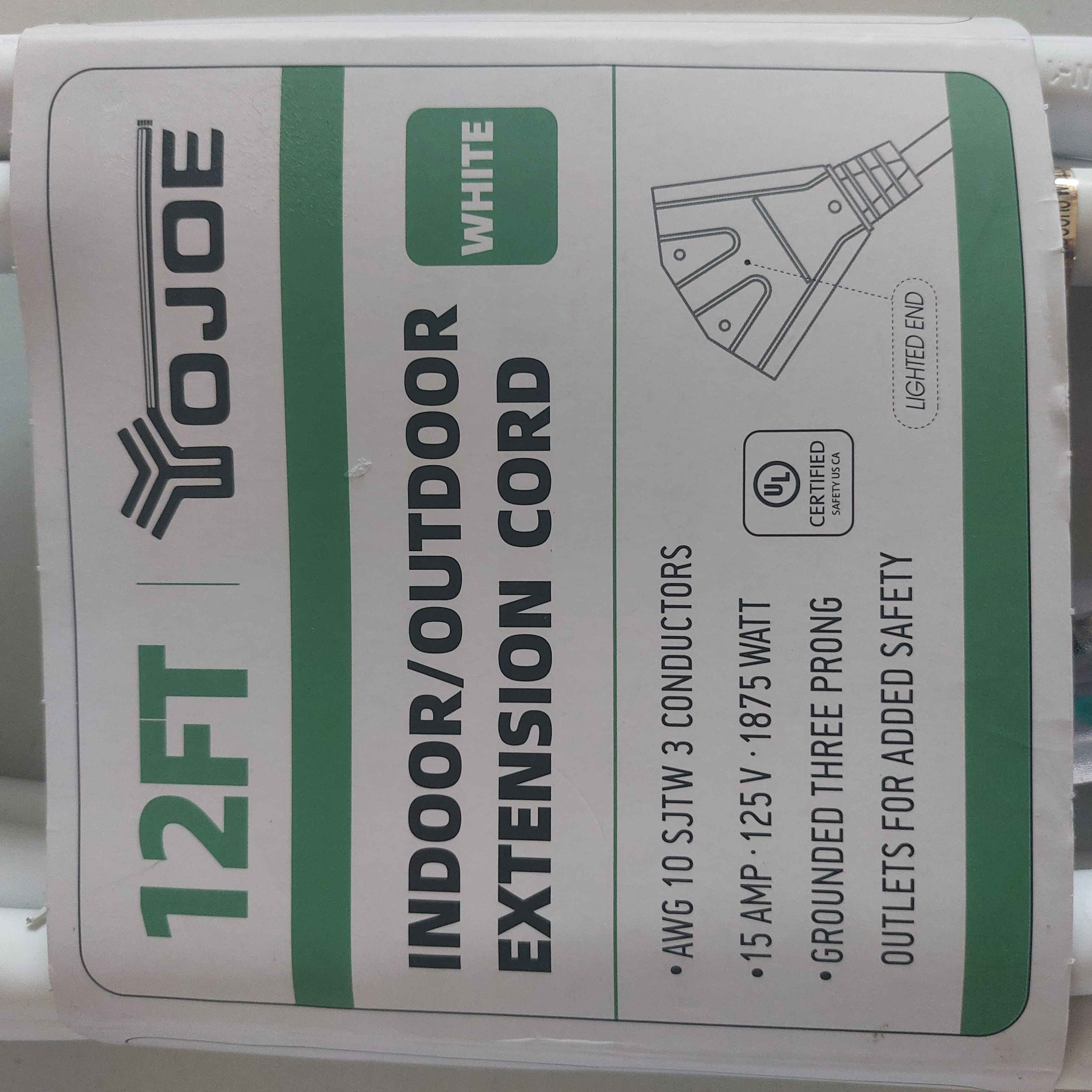 YOJOE 12FT 10AWG Indoor/Outdoor Extension Cord White