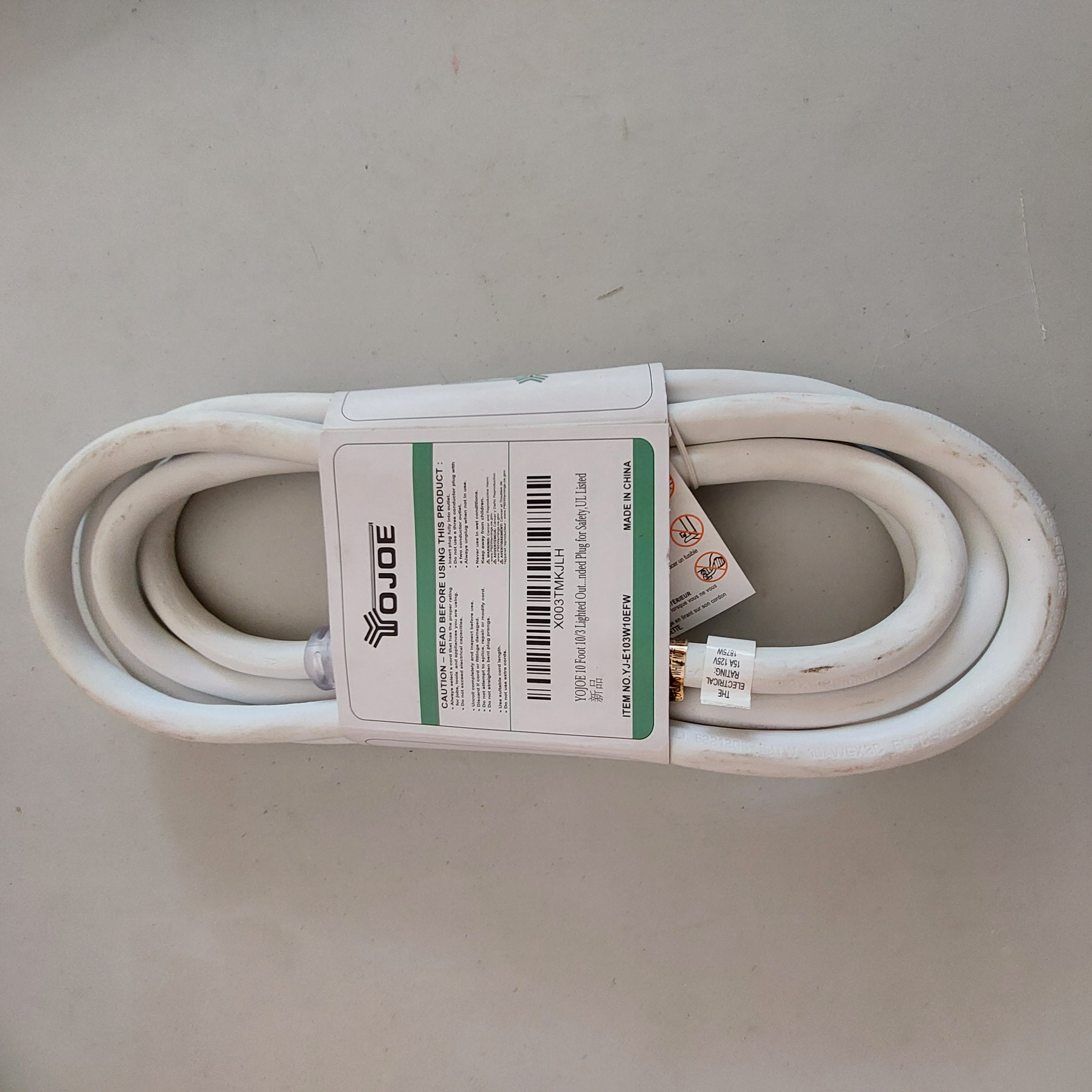 YOJOE 10FT 10AWG Indoor/Outdoor Extension Cord White YJ-103W10EFW