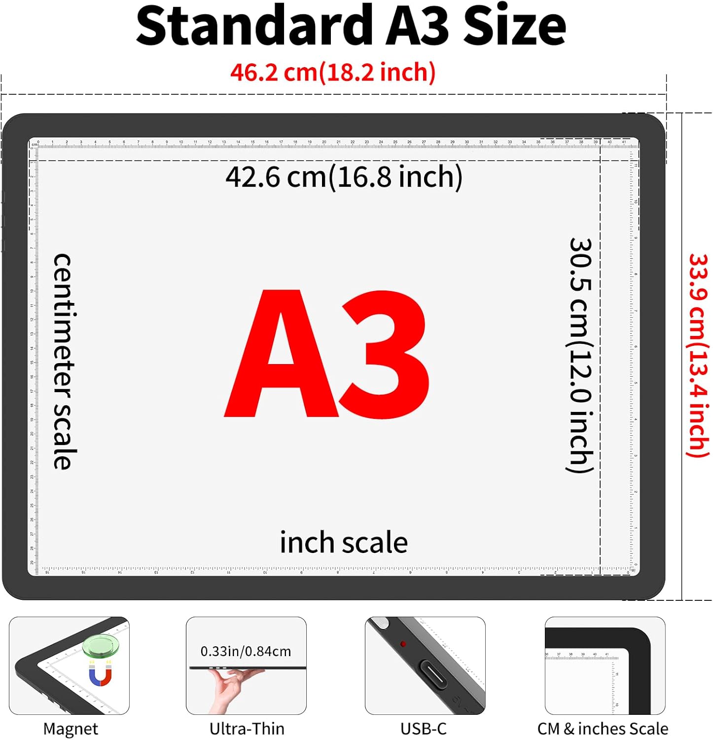 Phylosal Magnetic A3 Light Pad with Bag, Super Bright Light Box with Side Button, Tracing and Drawing, USB Power Light Table