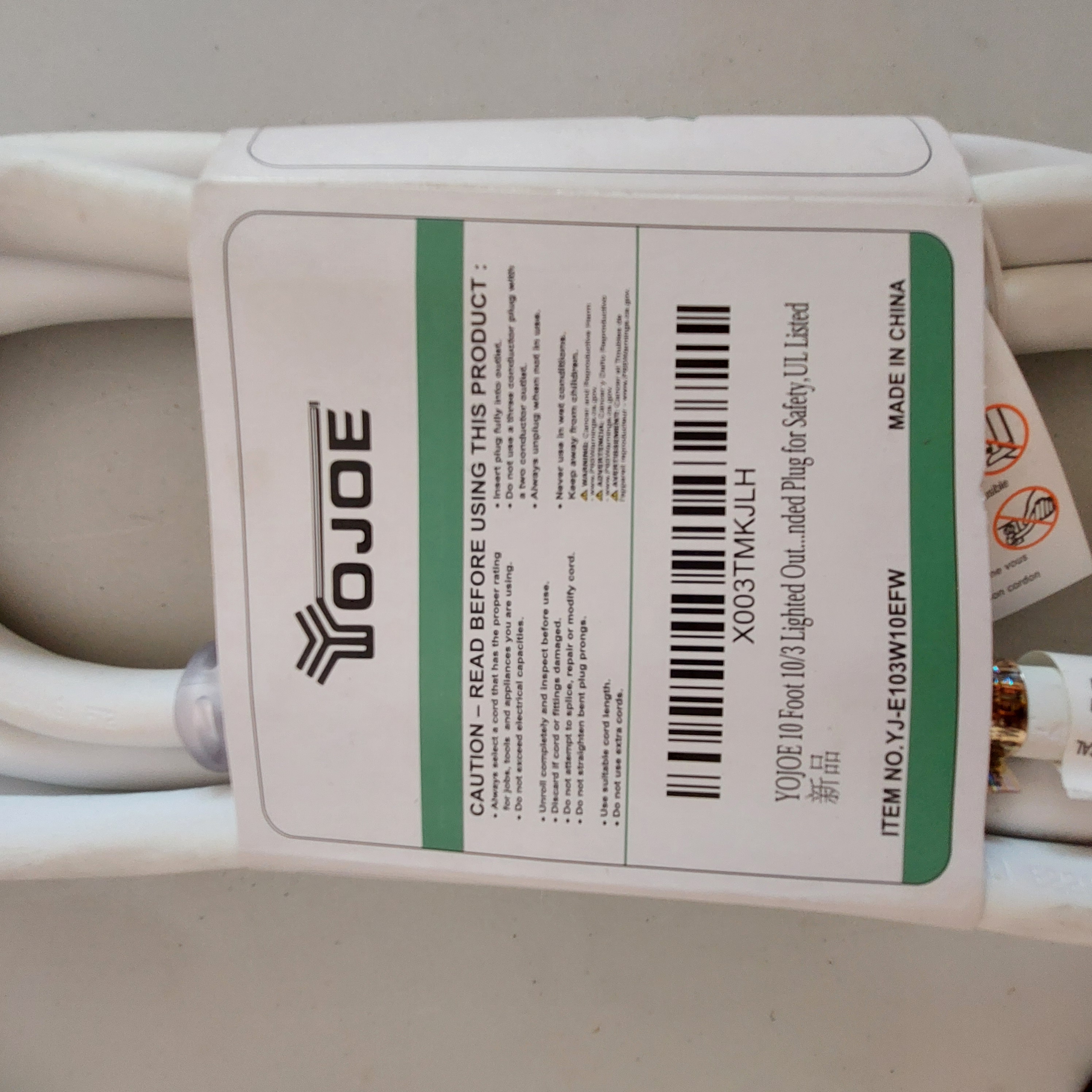 YOJOE 10FT 10AWG Indoor/Outdoor Extension Cord White YJ-103W10EFW