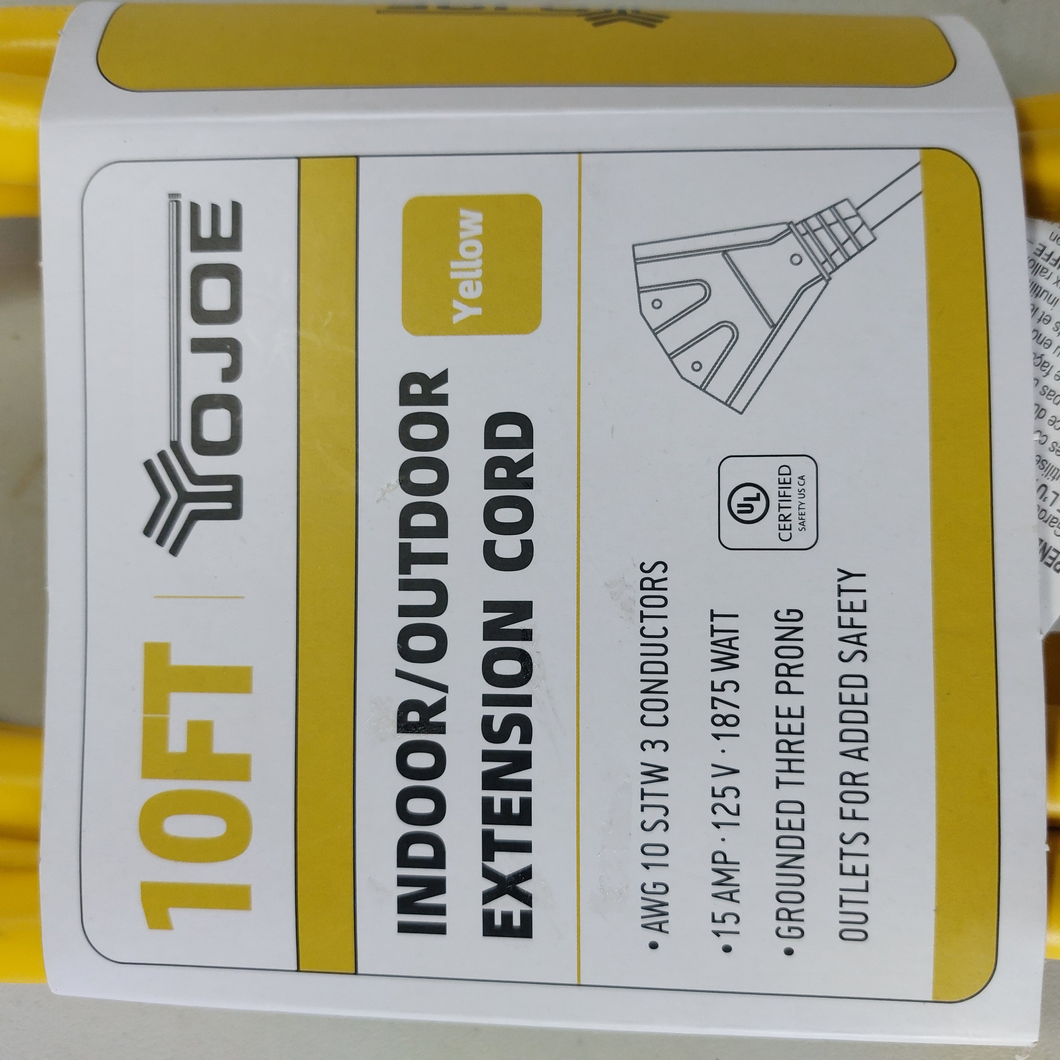 YOJOE 10FT 10AWG Indoor/Outdoor Extension Cord, Yellow - YJ-E103W10ETYS