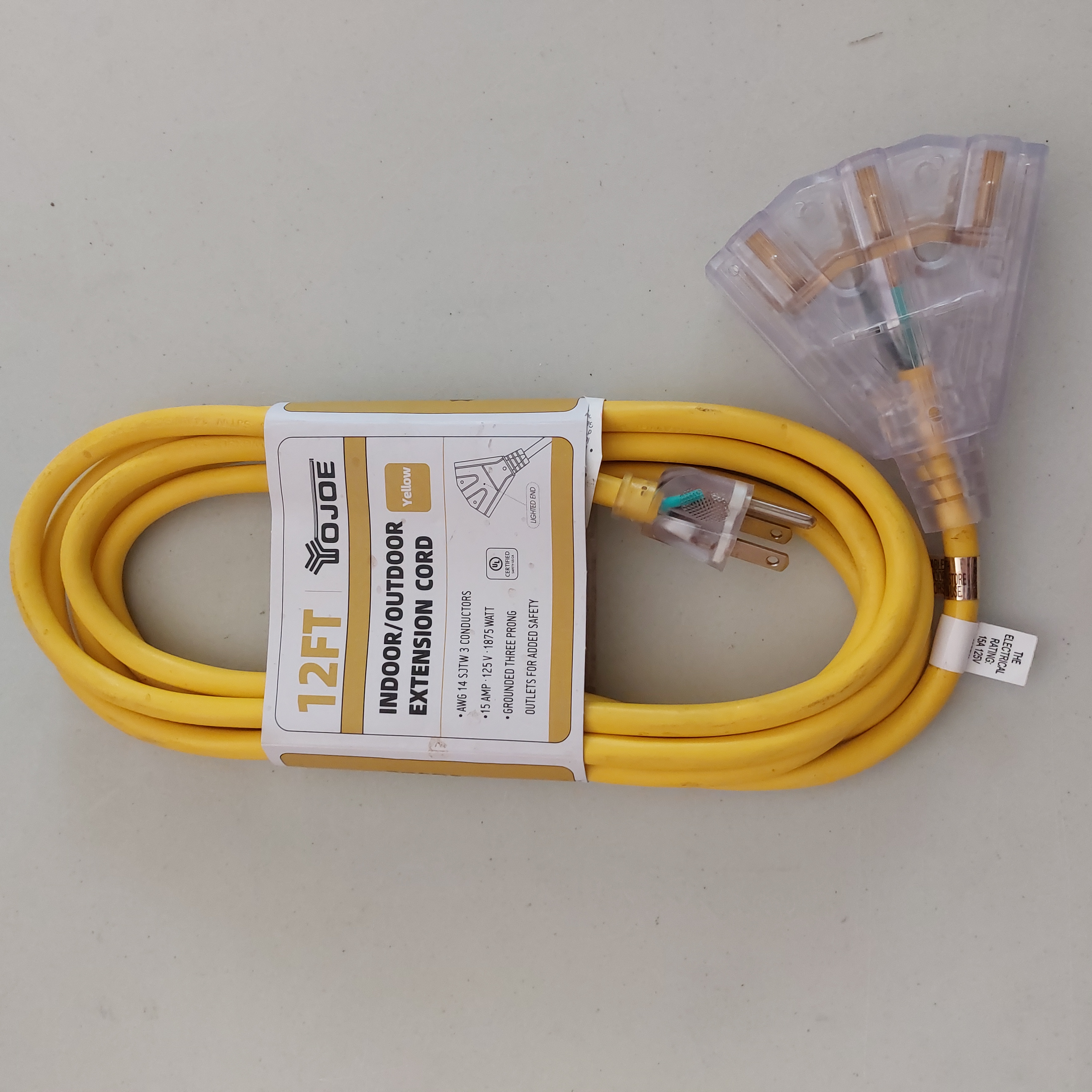 YOJOE 12FT 14AWG Indoor/Outdoor Extension Cord Yellow
