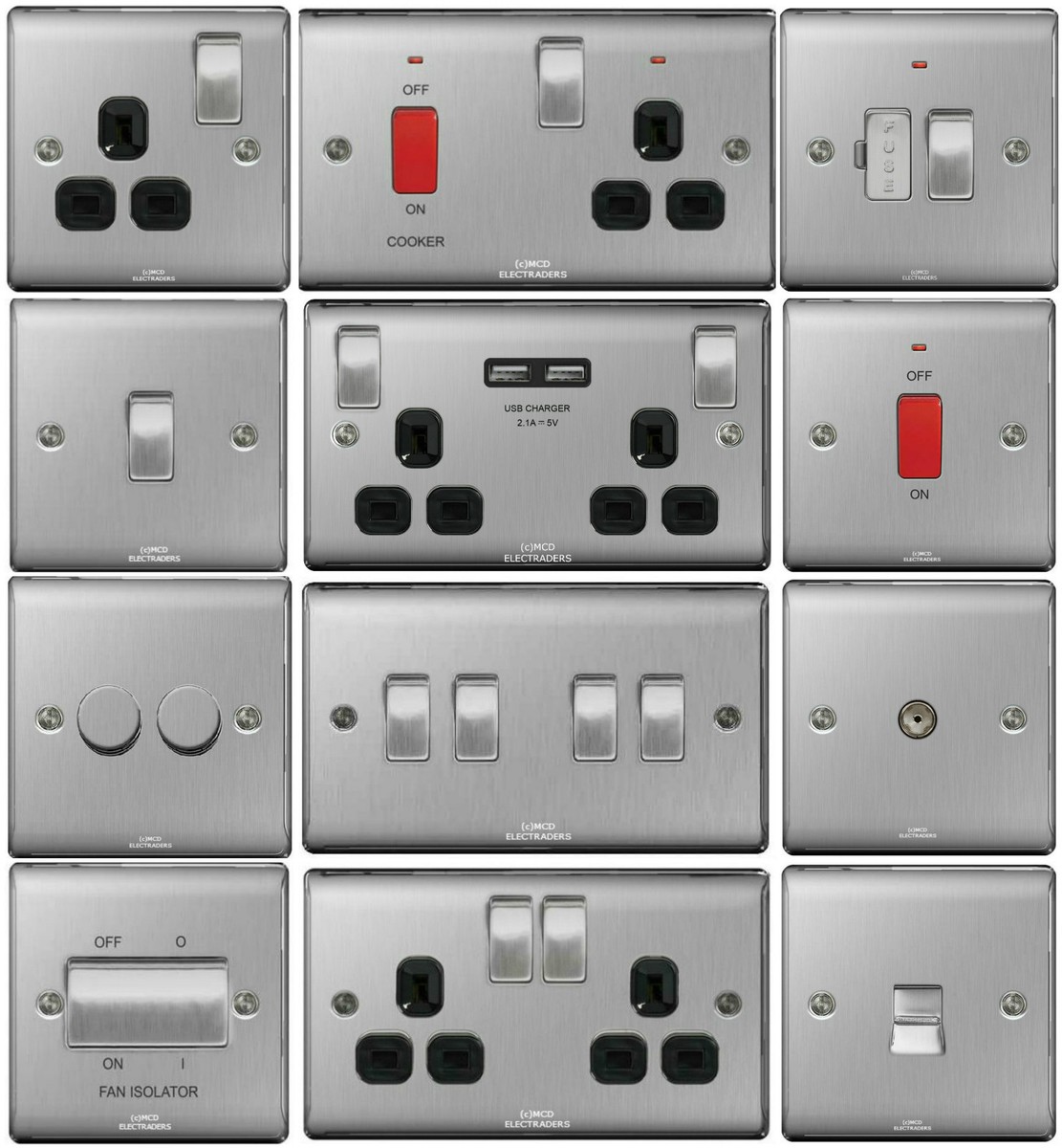 Brushed Stainless Steel Switch Socket Set