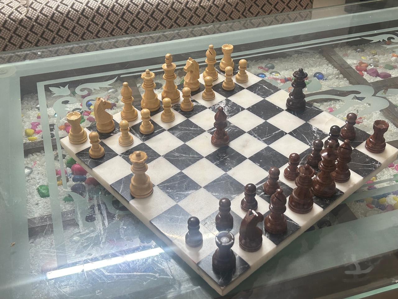 Wooden Chessmen and marble board