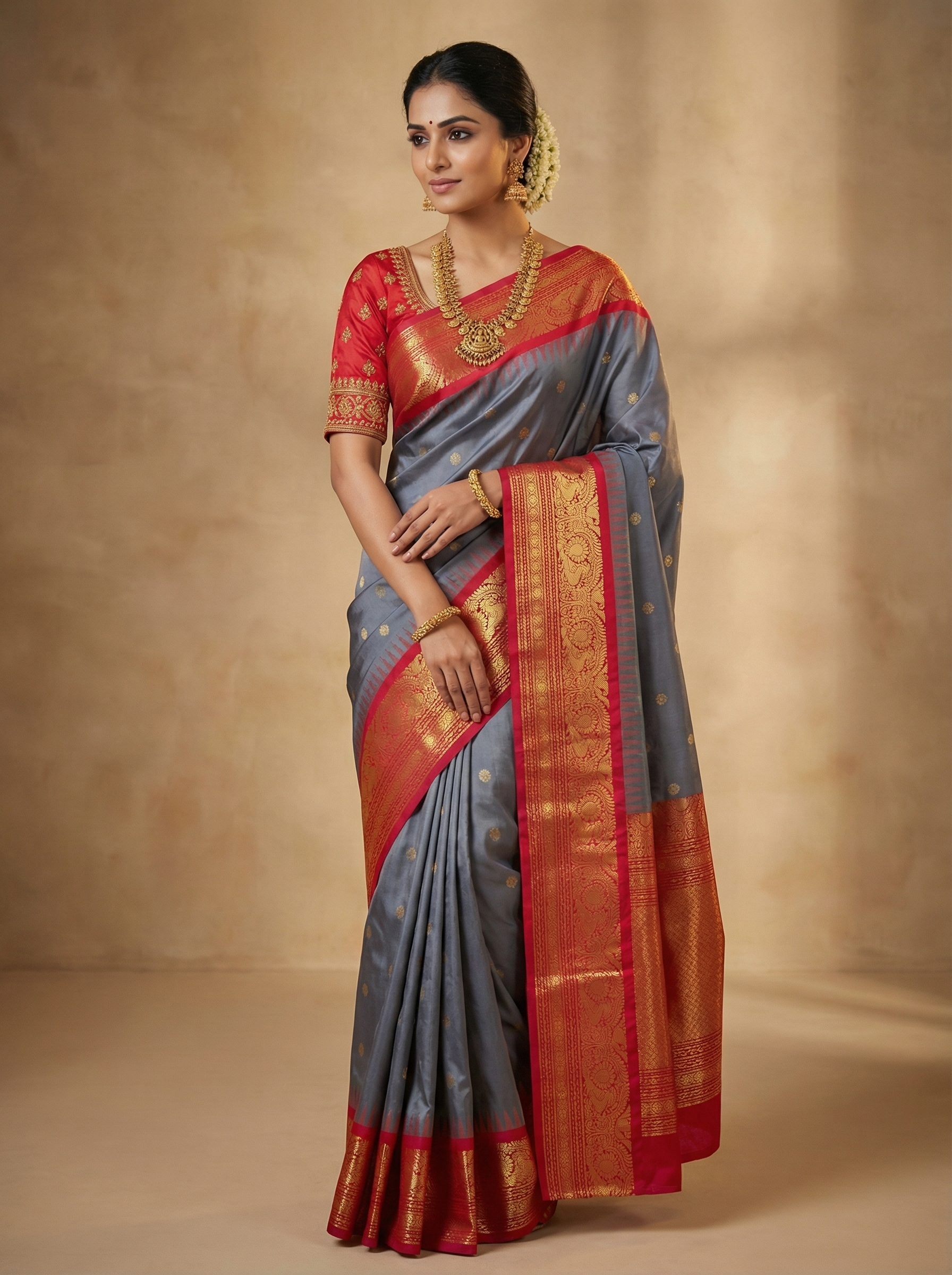 grey semi gadwal silk saree
