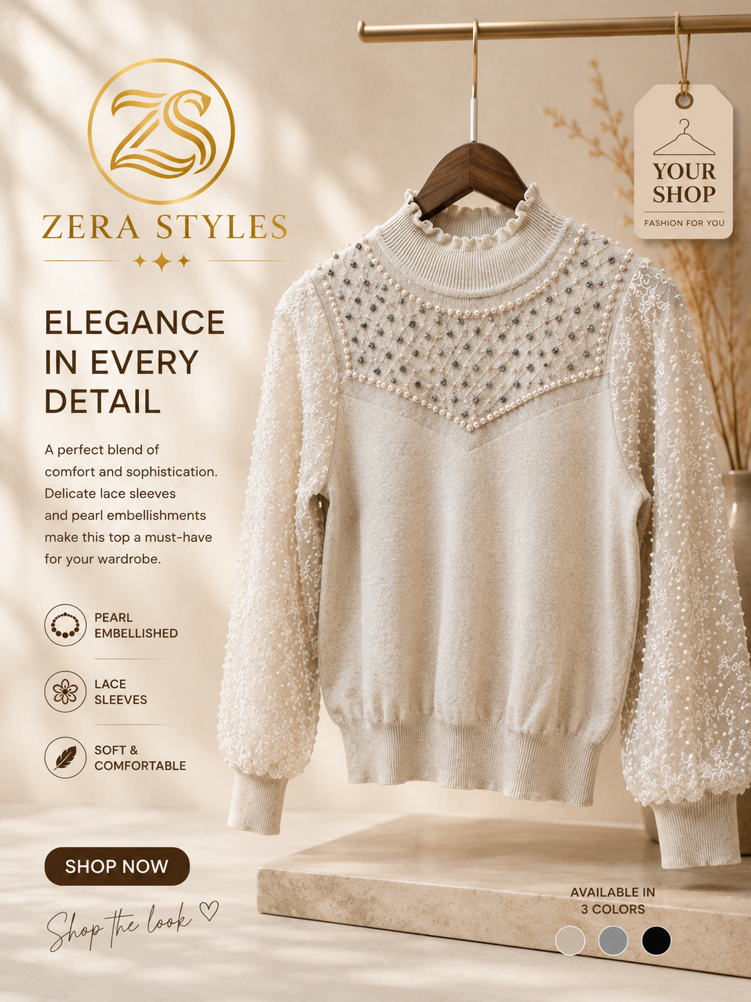 Pearl Embellished Lace Knit Top