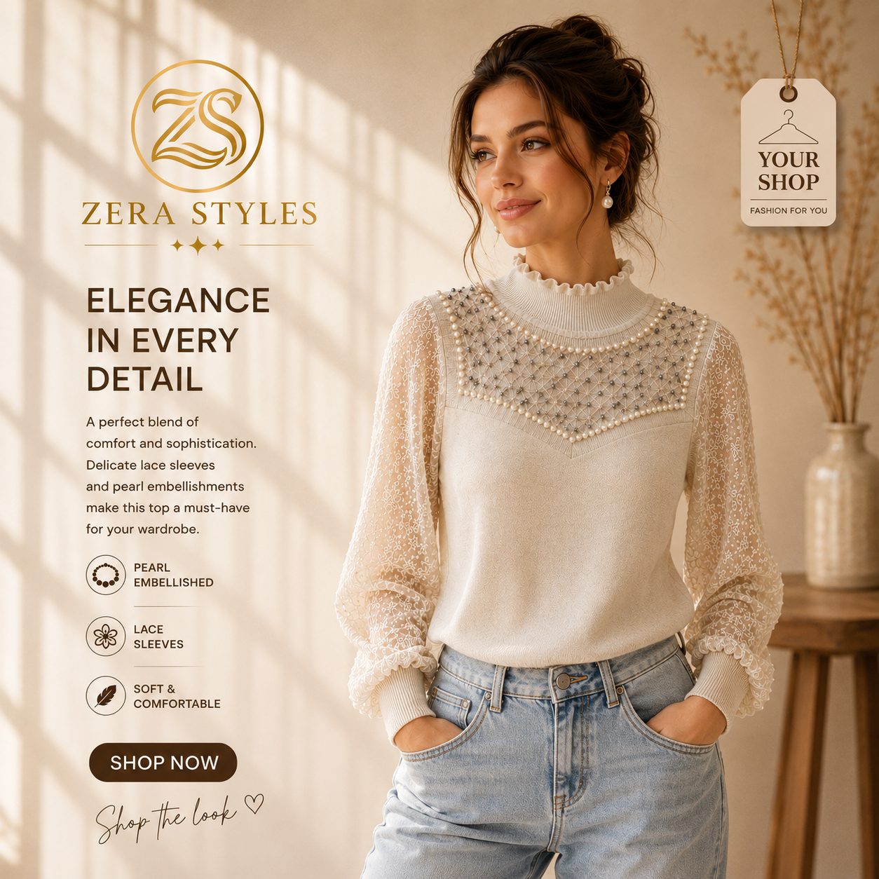Pearl Embellished Lace Knit Top