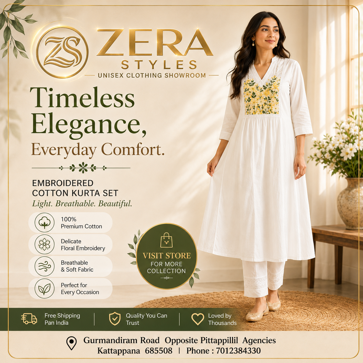 Embroidered Cotton Kurta Set