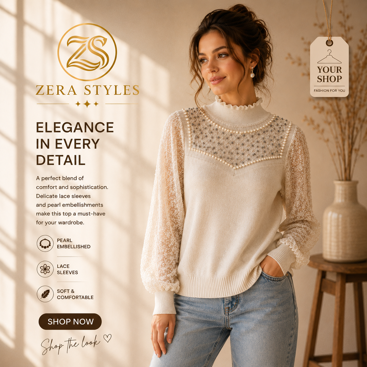 Pearl Embellished Lace Knit Top