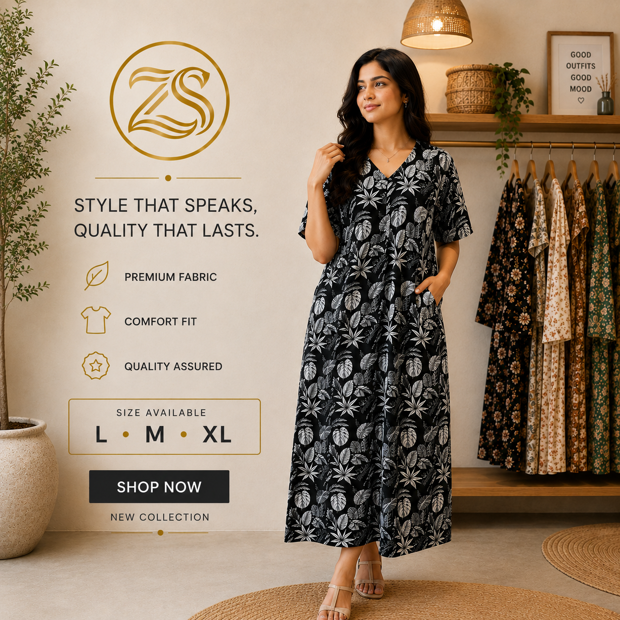 Black Leaf Print Maxi Dress