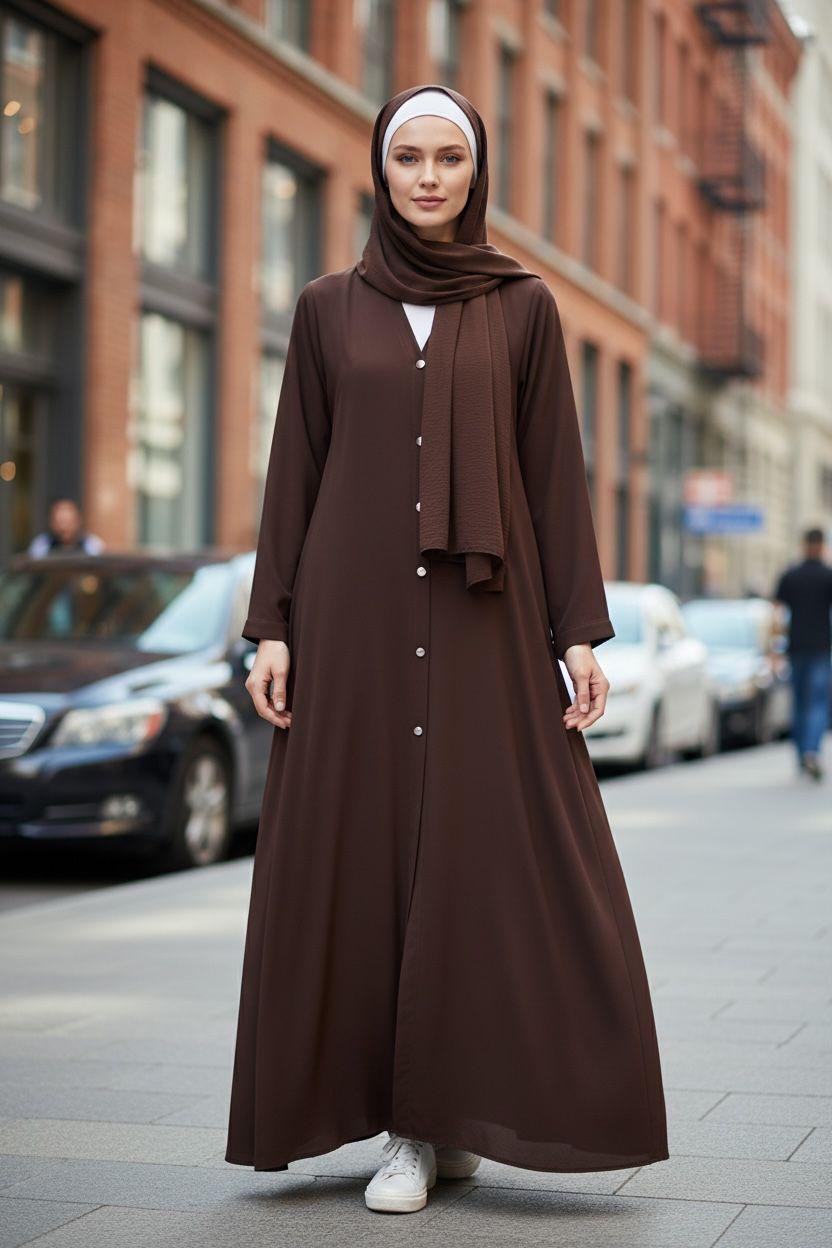 Front Open Summer Georgette Abaya- Brown 