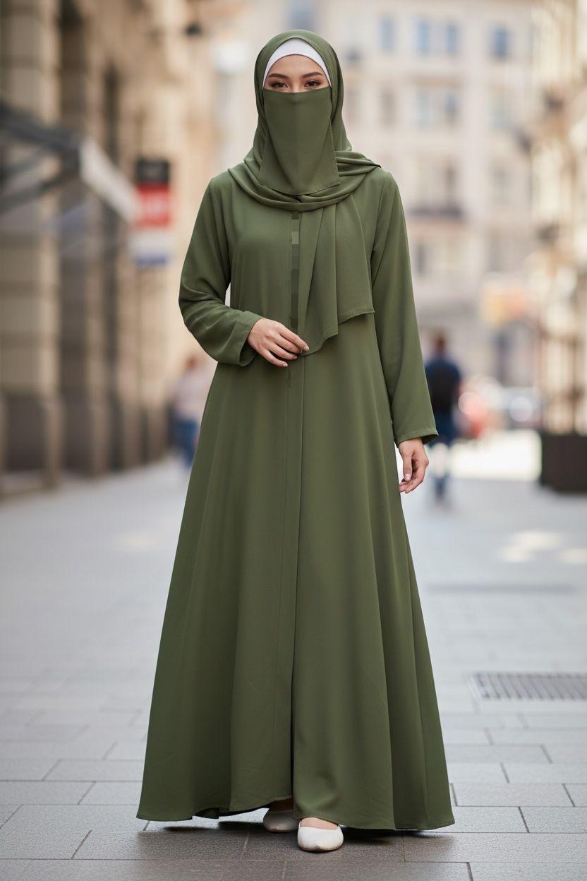 Front Open Summer Georgette Abaya- Olive Green