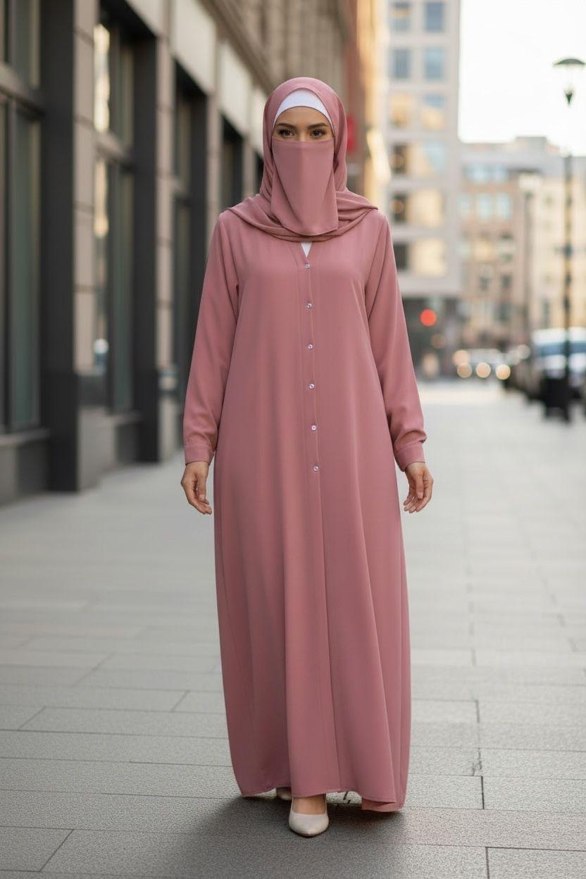 Front Open Summer Georgette Abaya- Pink