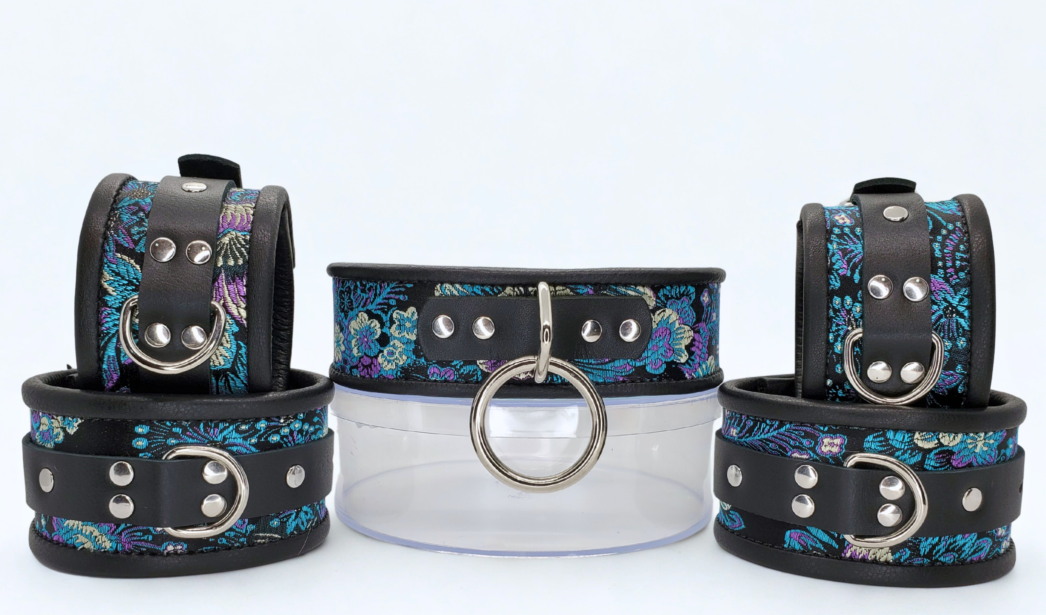 Blue Purple Brocade Wrist & Ankle & Collar Set & Blindfold