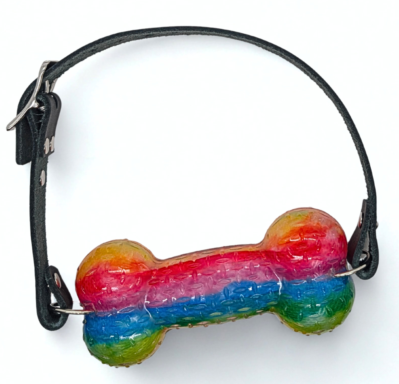 Rainbow Squeaky Bone Gag with Leather Straps