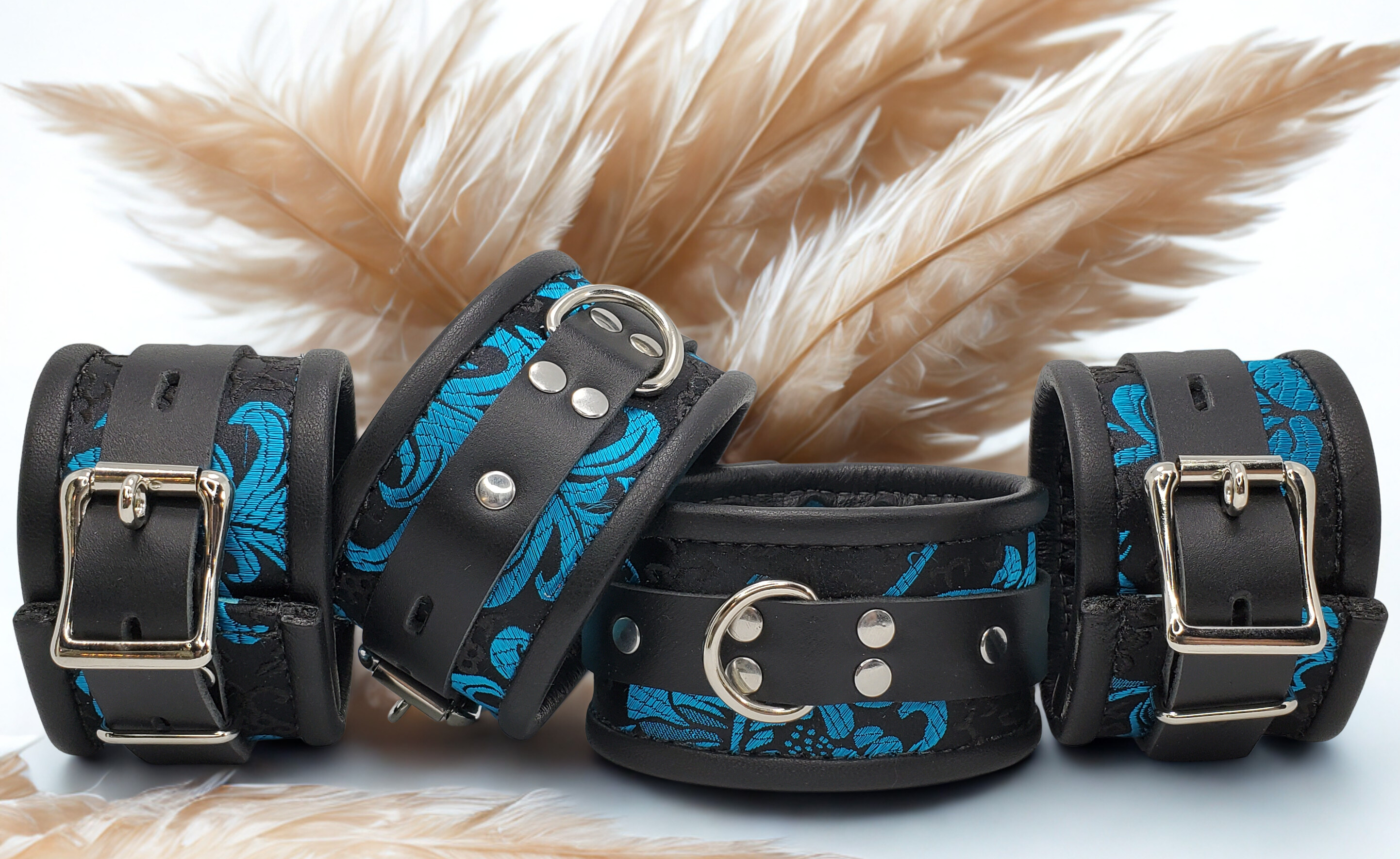 Blue Feather Brocade Wrist & Ankle & Collar Set