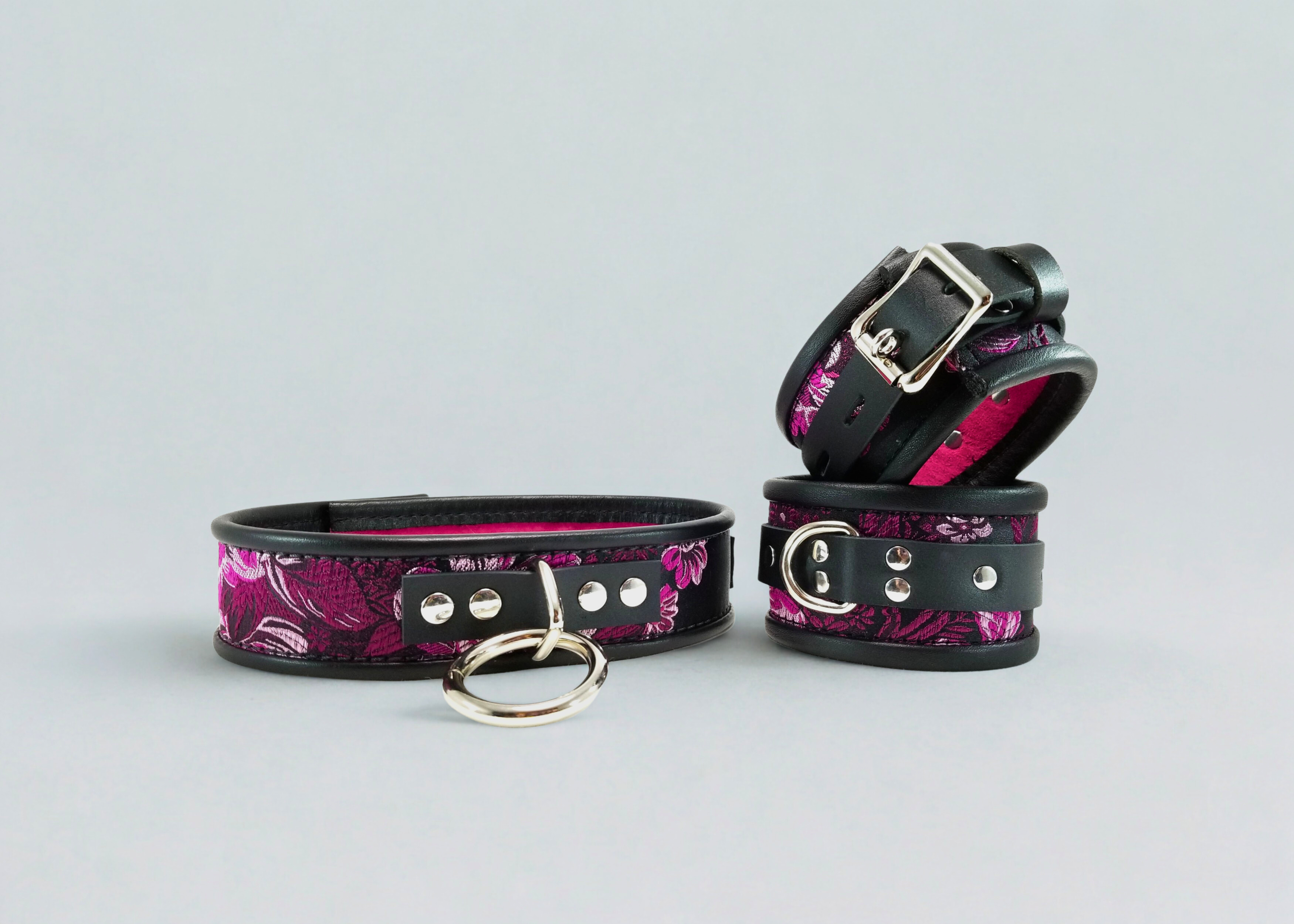  Fuchsia Brocade Wrist & Ankle & Collar Set & Blindfold
